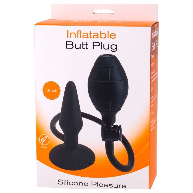 Schwarzer, aufblasbarer Analplug mit Pumpe. Verpackung mit Produktname und "Small"-Kennzeichnung. "Silicone Pleasure" Text.