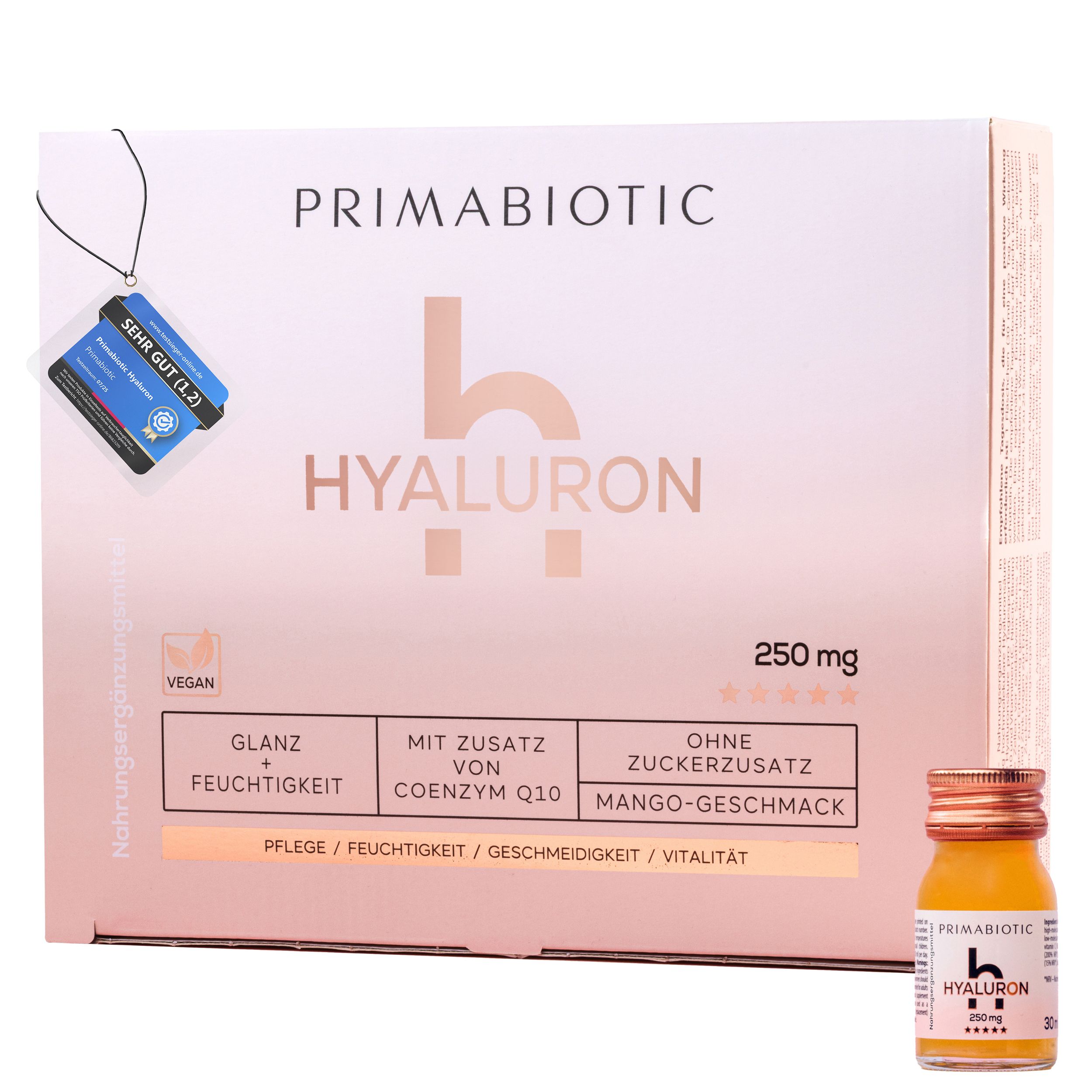 Karton mit Primabiotic Hyaluron-Packung und einer Flasche. Auf der Packung steht "Hyaluron" und "250 mg". Eine Flasche ist daneben.
