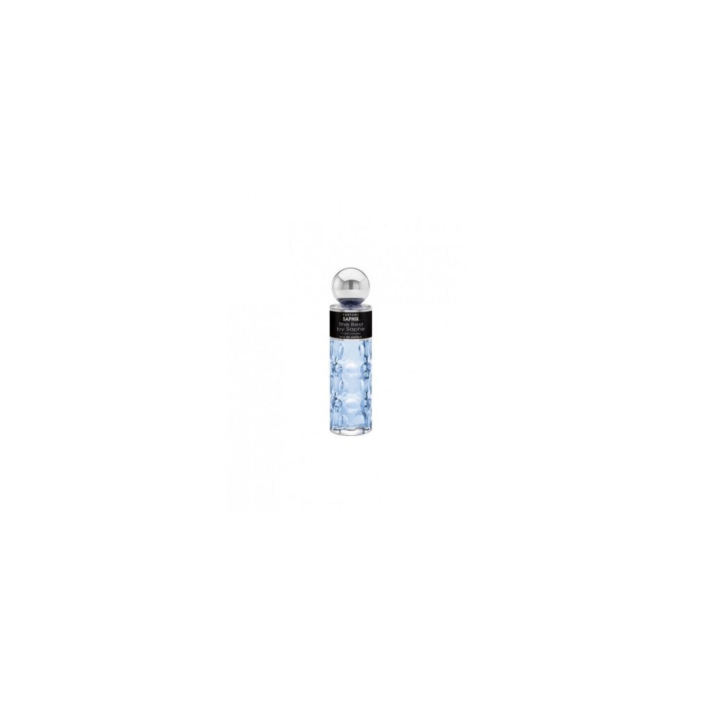 Saphir The Best Eau de Parfum Flakon. Zylindrische Form, hellblaues Glas mit Noppenmuster. Schwarzes Etikett mit Schriftzug.