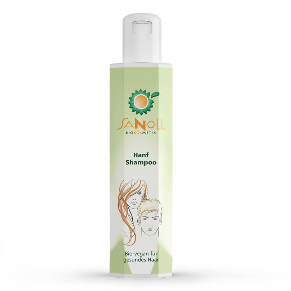 Grüne Flasche mit weißem Deckel. Aufschrift: Sanoll Biokosmetik Hanf Shampoo. Abbildung von Gesichtern und Haaren. Text: Bio-vegan für gesundes Haar.
