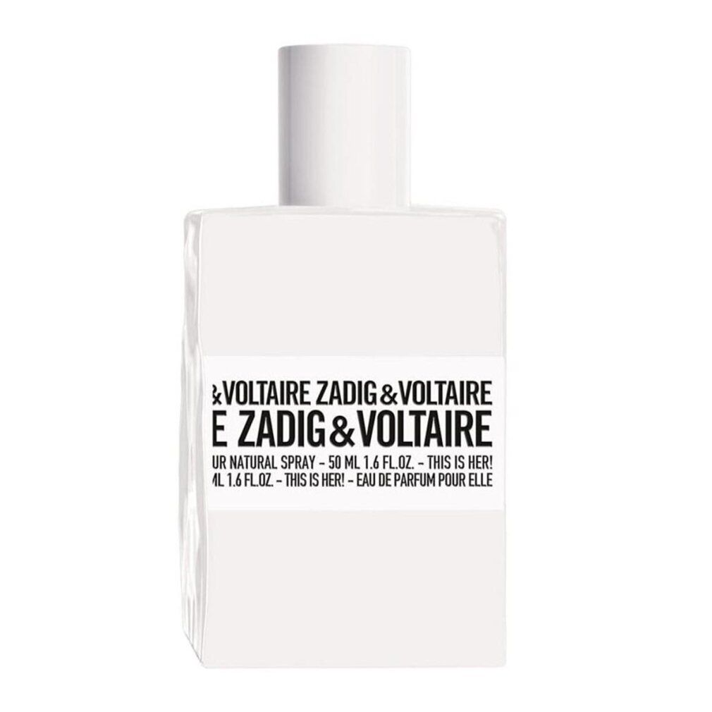 Weißer Flakon. Aufschrift: ZADIG & VOLTAIRE THIS IS HER! Eau de Parfum.