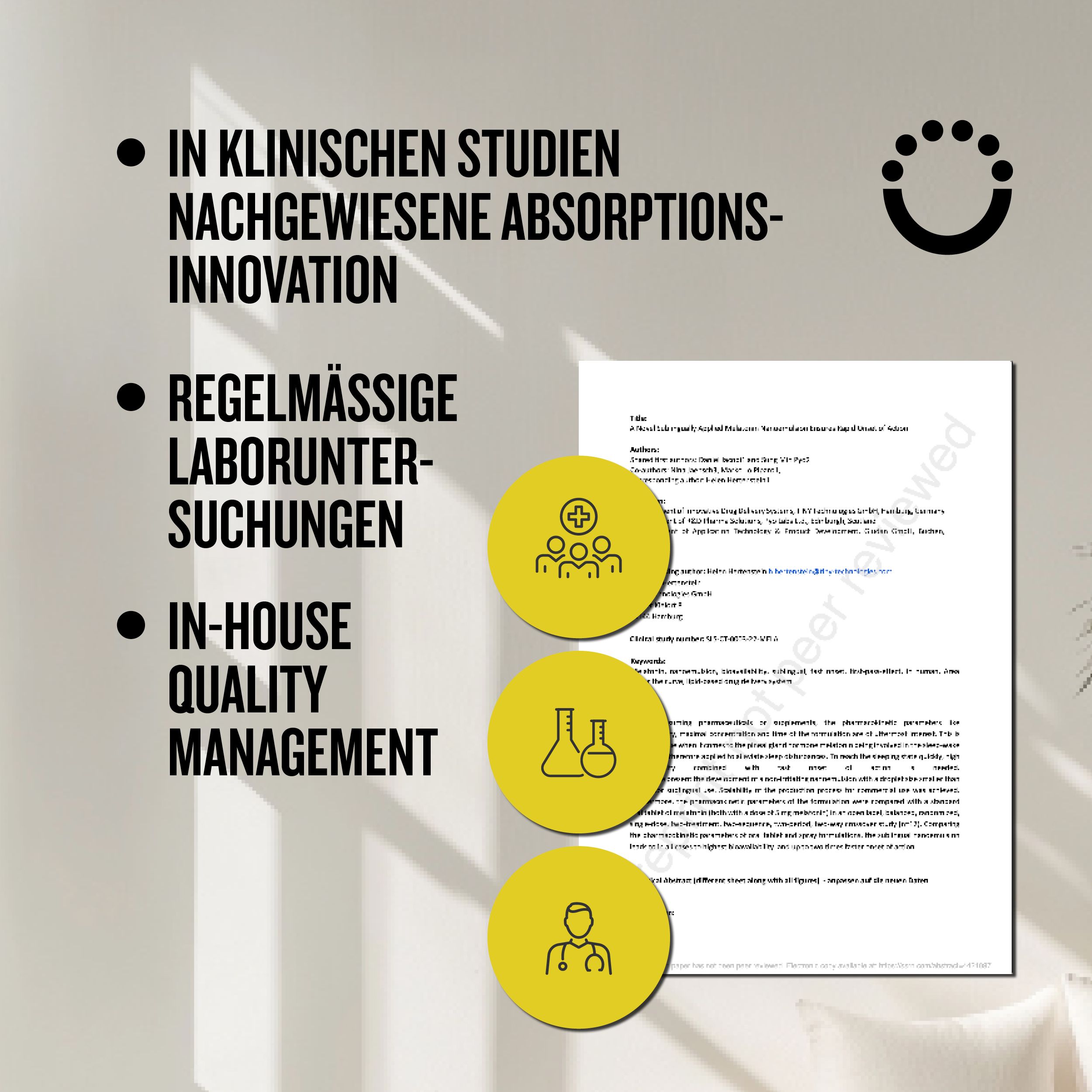 Text mit Informationen zu klinischen Studien, Laboruntersuchungen und Qualitätsmanagement. Gelbe Kreise mit Symbolen.