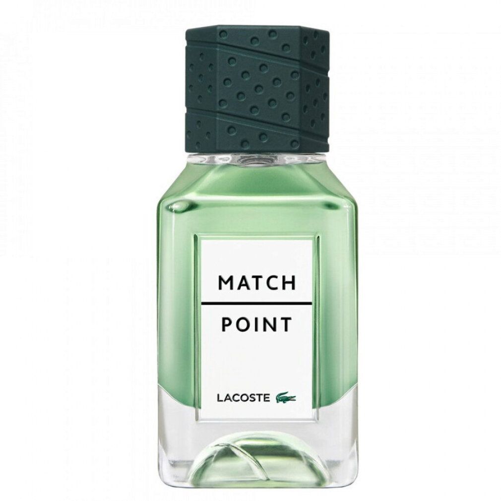 Grüne Eau de Toilette Flasche mit grünem Deckel. Weißes Etikett mit Text. Quadratische Form.