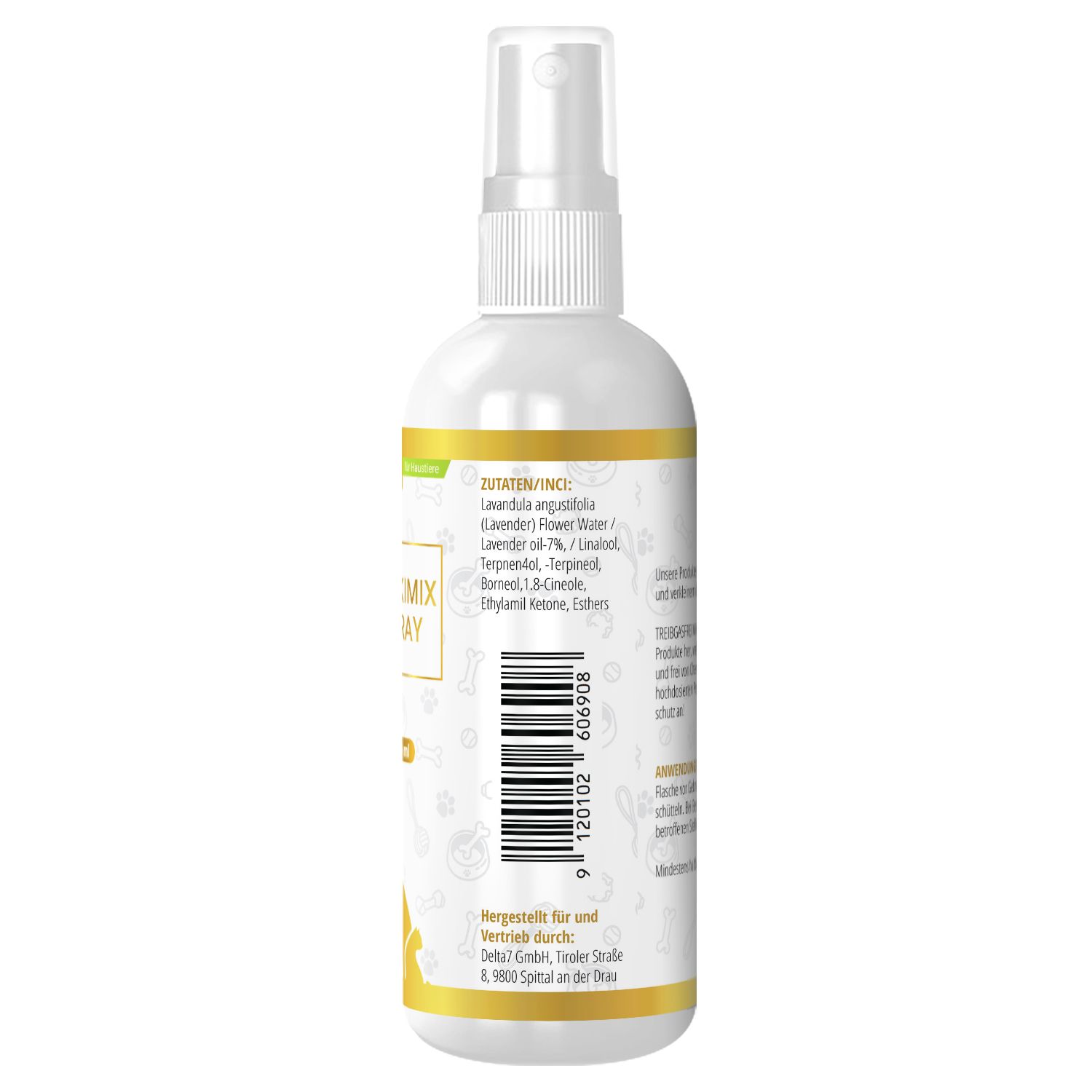 Rückseite der Zeckimix Spray Flasche. Barcode und Text. Goldfarbene Akzente. Informationen zu Inhaltsstoffen und Hersteller.