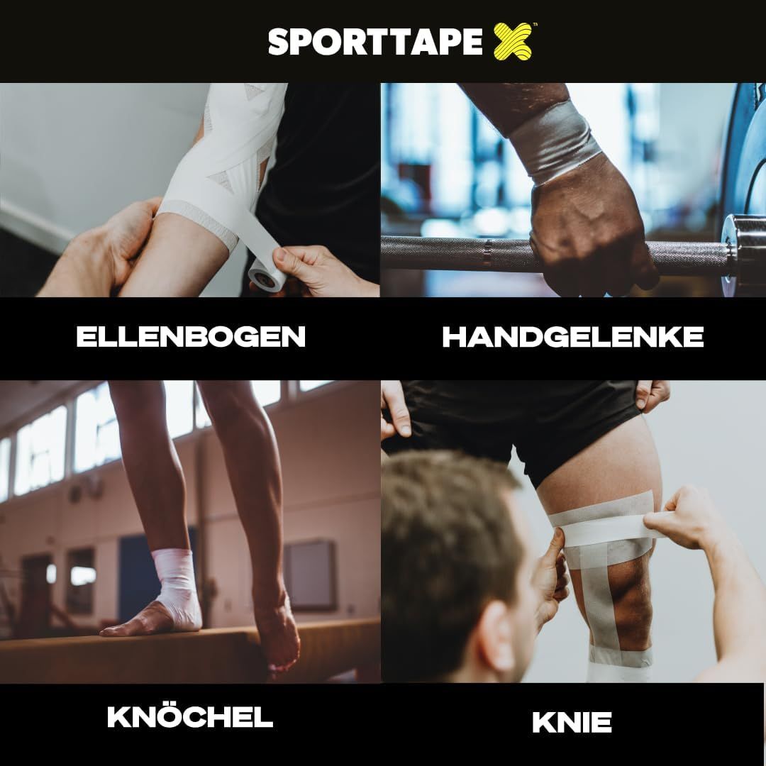 Vier Anwendungen von Sporttape: Ellenbogen, Handgelenke, Knöchel und Knie.
