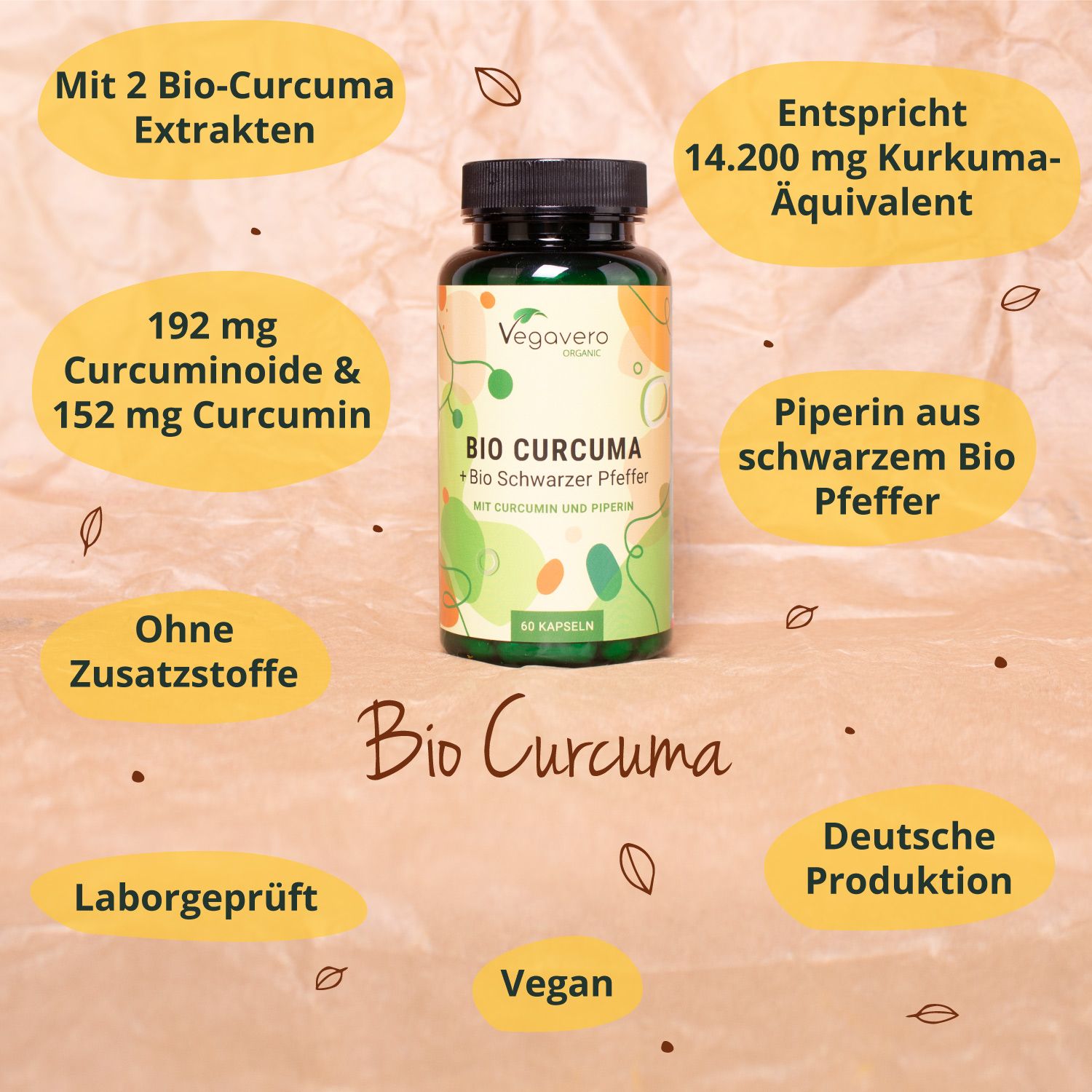 BIO CURCUMA Kapseln. Text: BIO CURCUMA + Bio Schwarzer Pfeffer. Ohne Zusatzstoffe. Vegan. Deutsche Produktion. Laborgeprüft.
