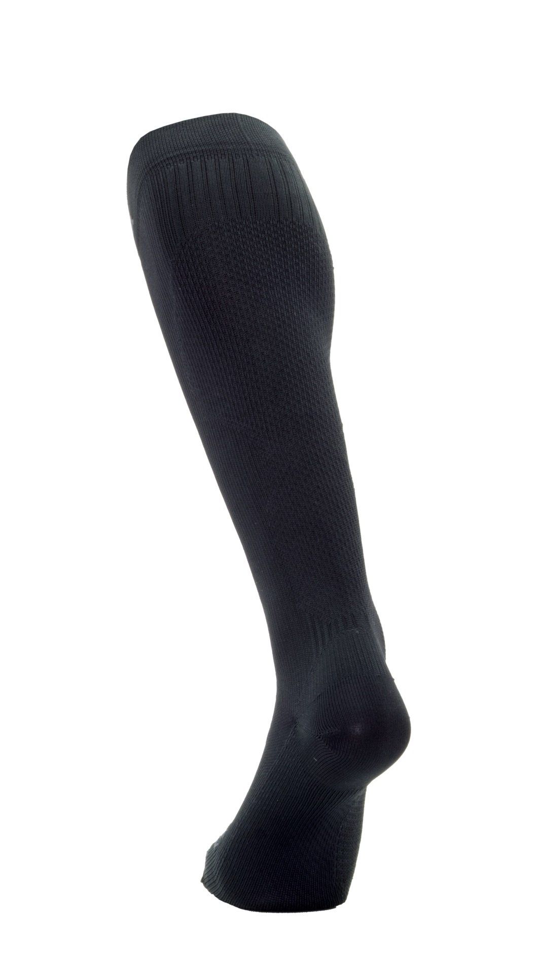 Calza a compressione nera. Fine motivo a maglia. Vista laterale.