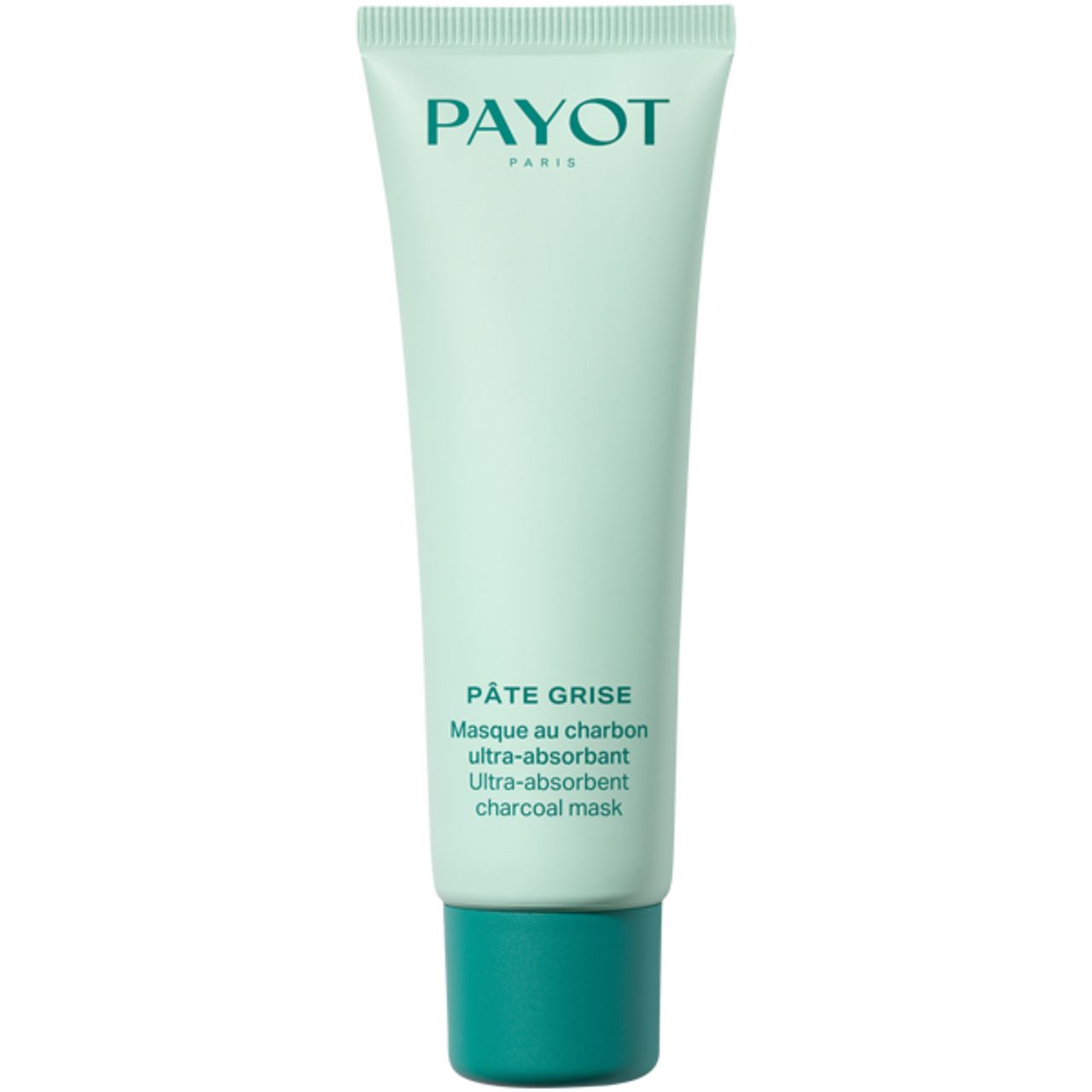 Hellgraue Tube mit grünem Deckel. Schriftzug PAYOT PARIS und PÂTE GRISE. Ultra-absorbierend, Aktivkohle-Maske.