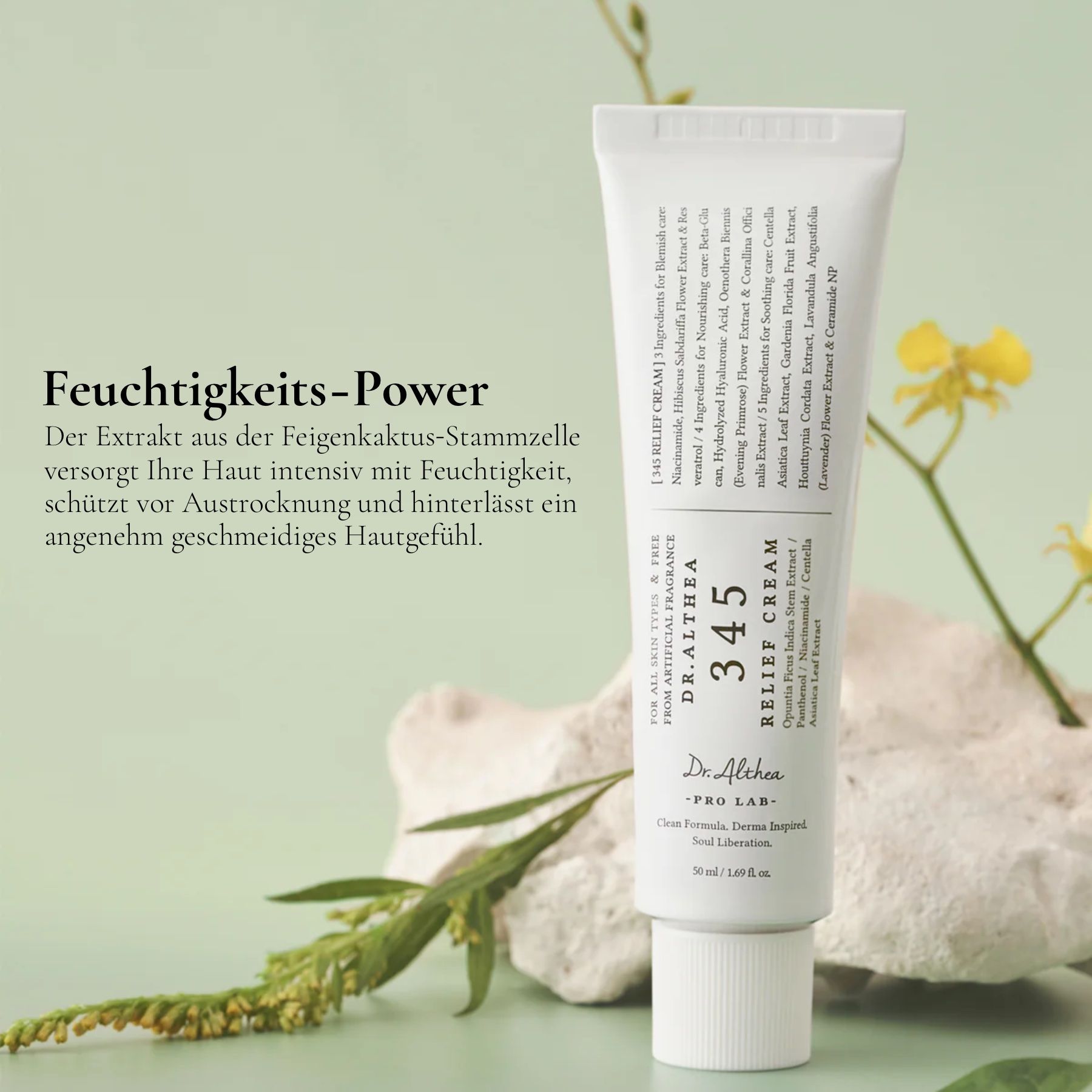 Tube Dr. Althea 345 Relief Cream. Text: Extrakt aus Feigenkaktus-Stammzelle. Schützt vor Austrocknung.