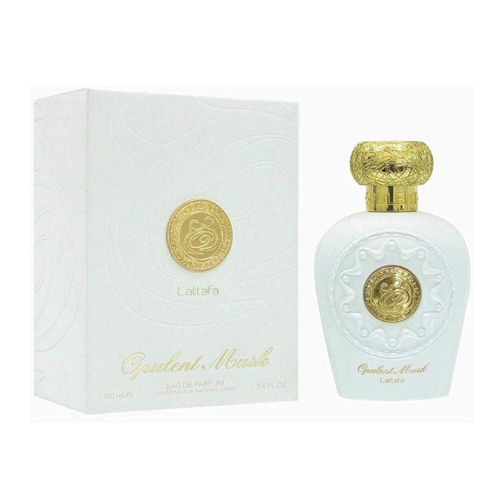 Weiße Parfumflasche und -verpackung. Goldfarbener Deckel und Verzierung. Aufschrift: Opulent Musk, Lattafa.