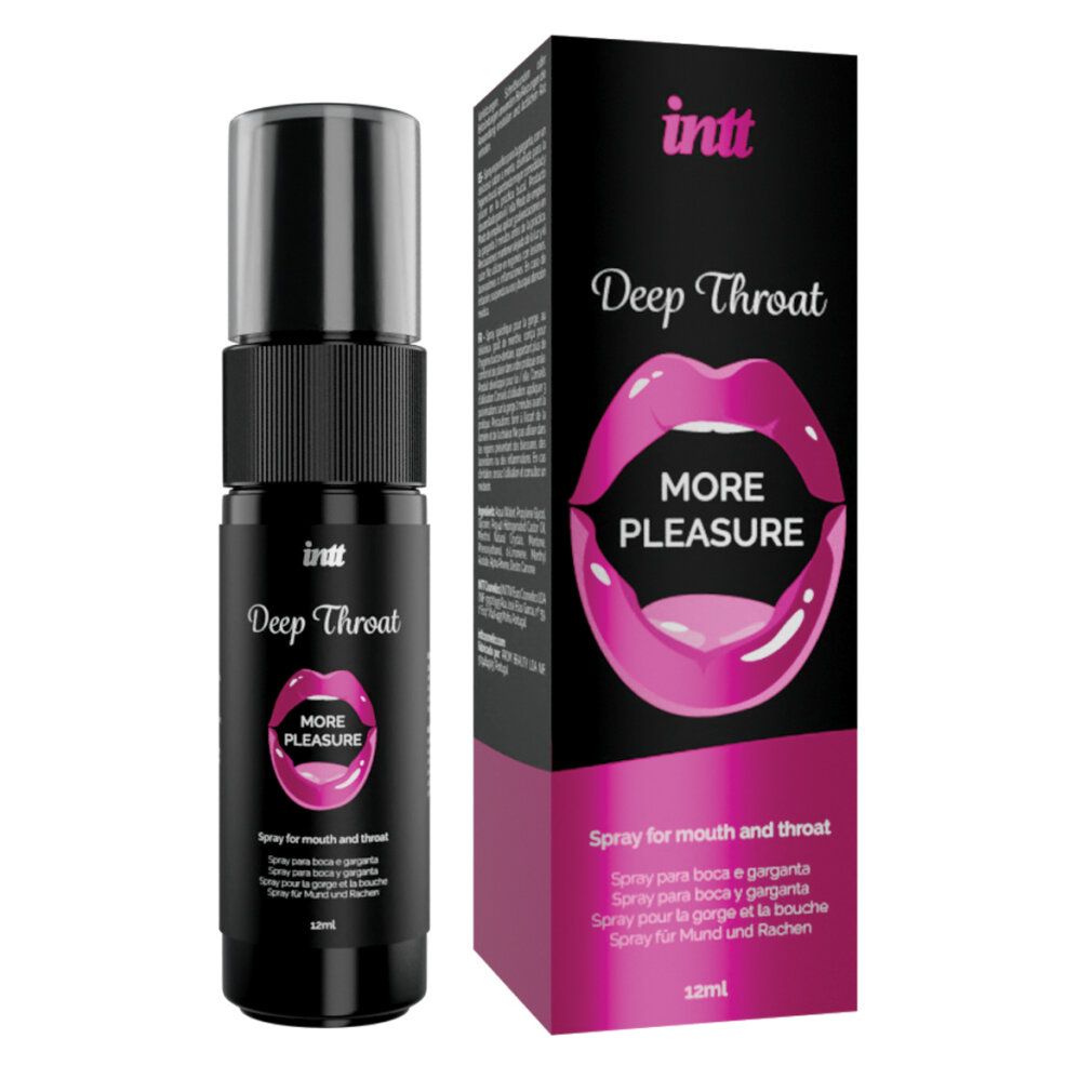 intt Deep Throat Oral Spray Flasche und Verpackung, schwarz mit Lippenmotiv.