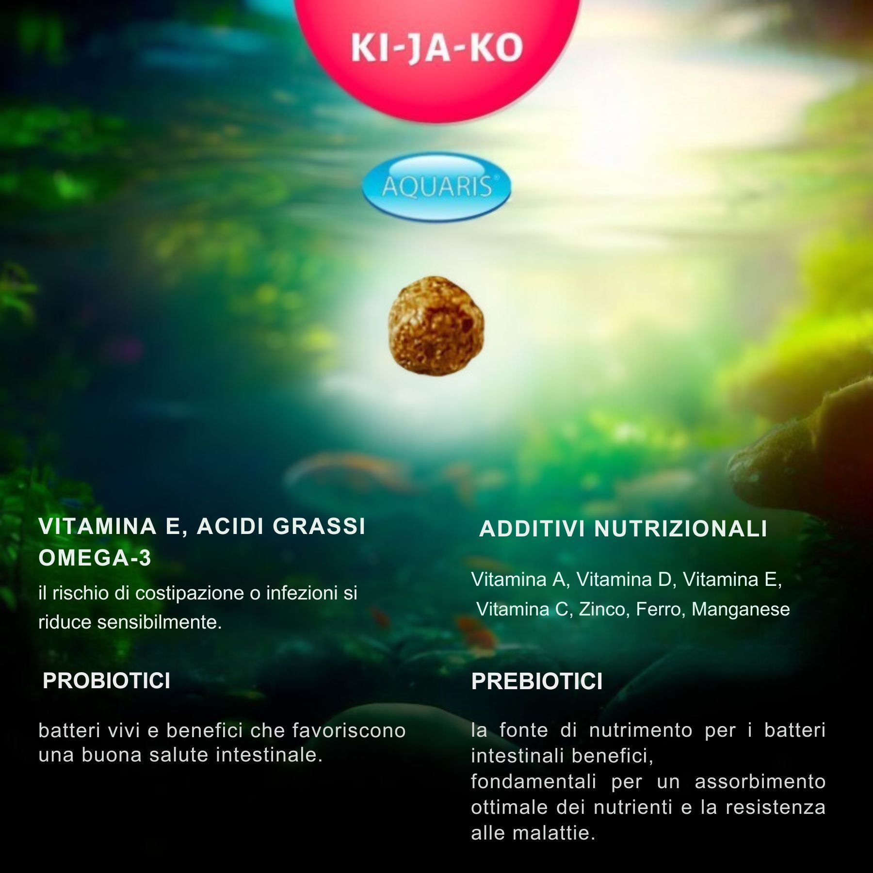 Informazioni nutrizionali per mangime per pesci. Logo KI-JA-KO, logo Aquaris, pellet.