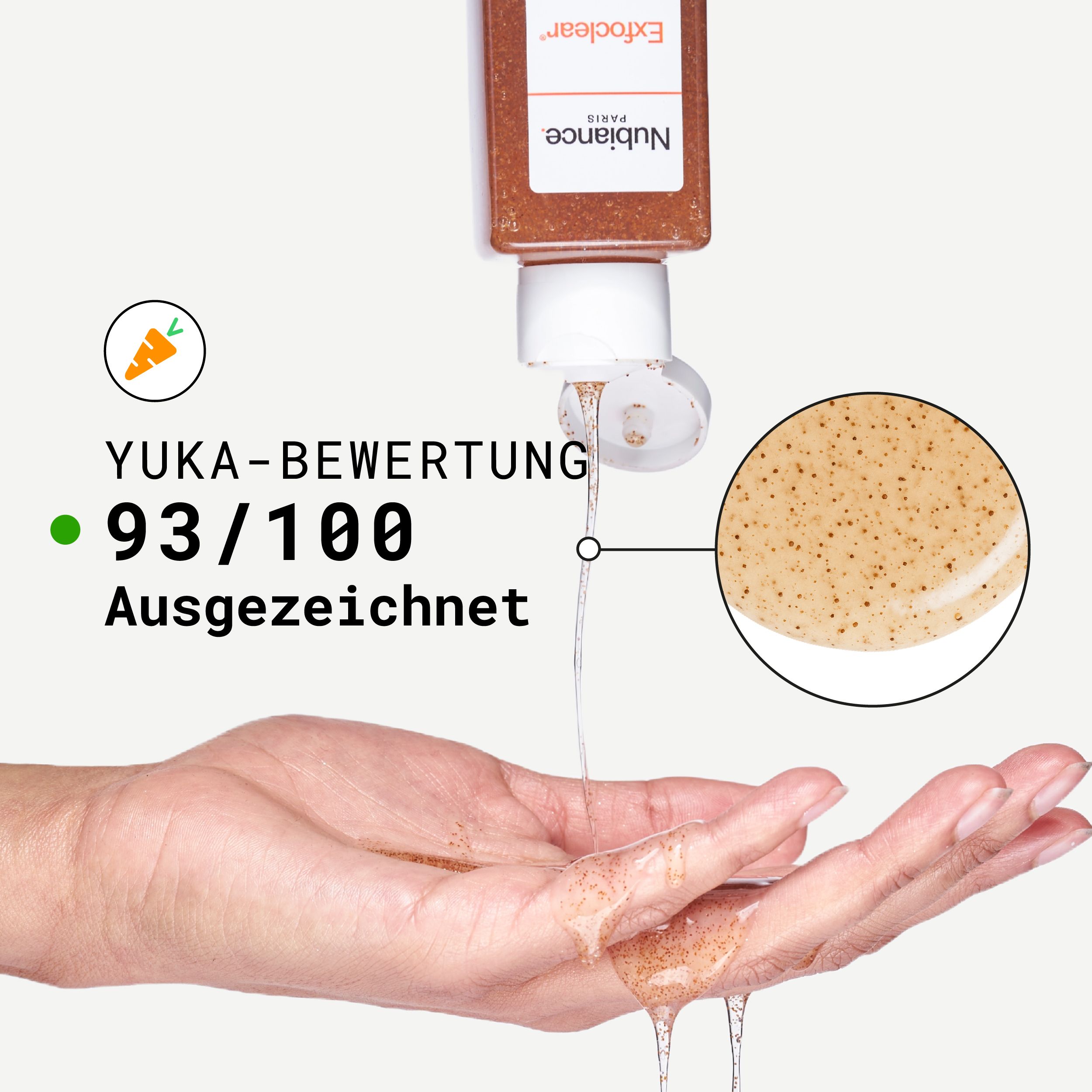 Exfoclear Gel wird auf die Hand gegossen. Yuka-Bewertung: 93/100. Ausgezeichnet.