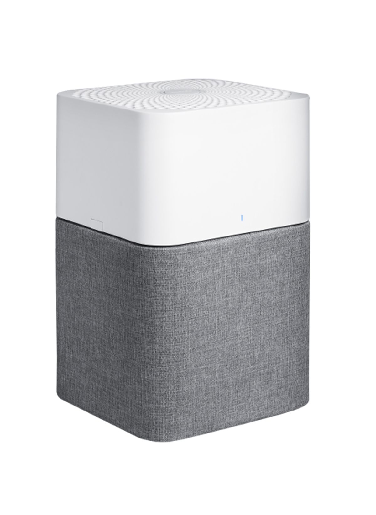 Luftreiniger, zweifarbig. Oberteil weiß, Unterteil grau. Quadratische Form. Stoffstruktur am Unterteil. Blaues Licht.