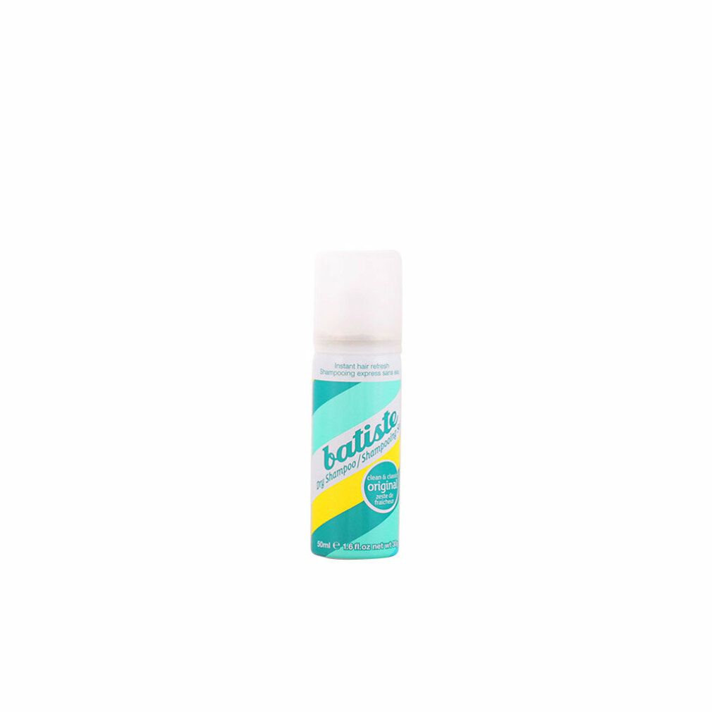 Trockenshampoo-Spraydose. Türkis-weißes Design mit Schriftzug. Deckel transparent. Produktname: Batiste Original.