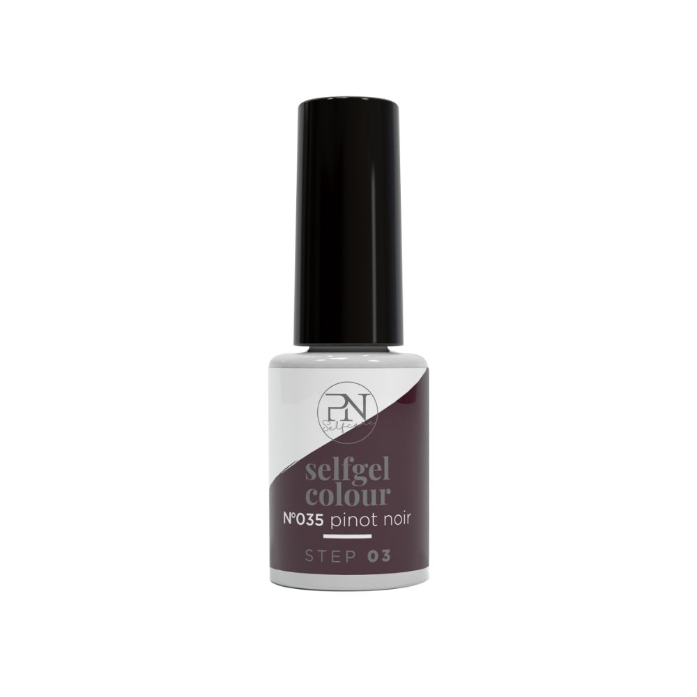 Flasche PN Selfgel Vernis Semi-Permanent, N35 Pinot Noir. Weiß-schwarzes Etikett, schwarzer Deckel. Aufschrift: selfgel colour, STEP 03.