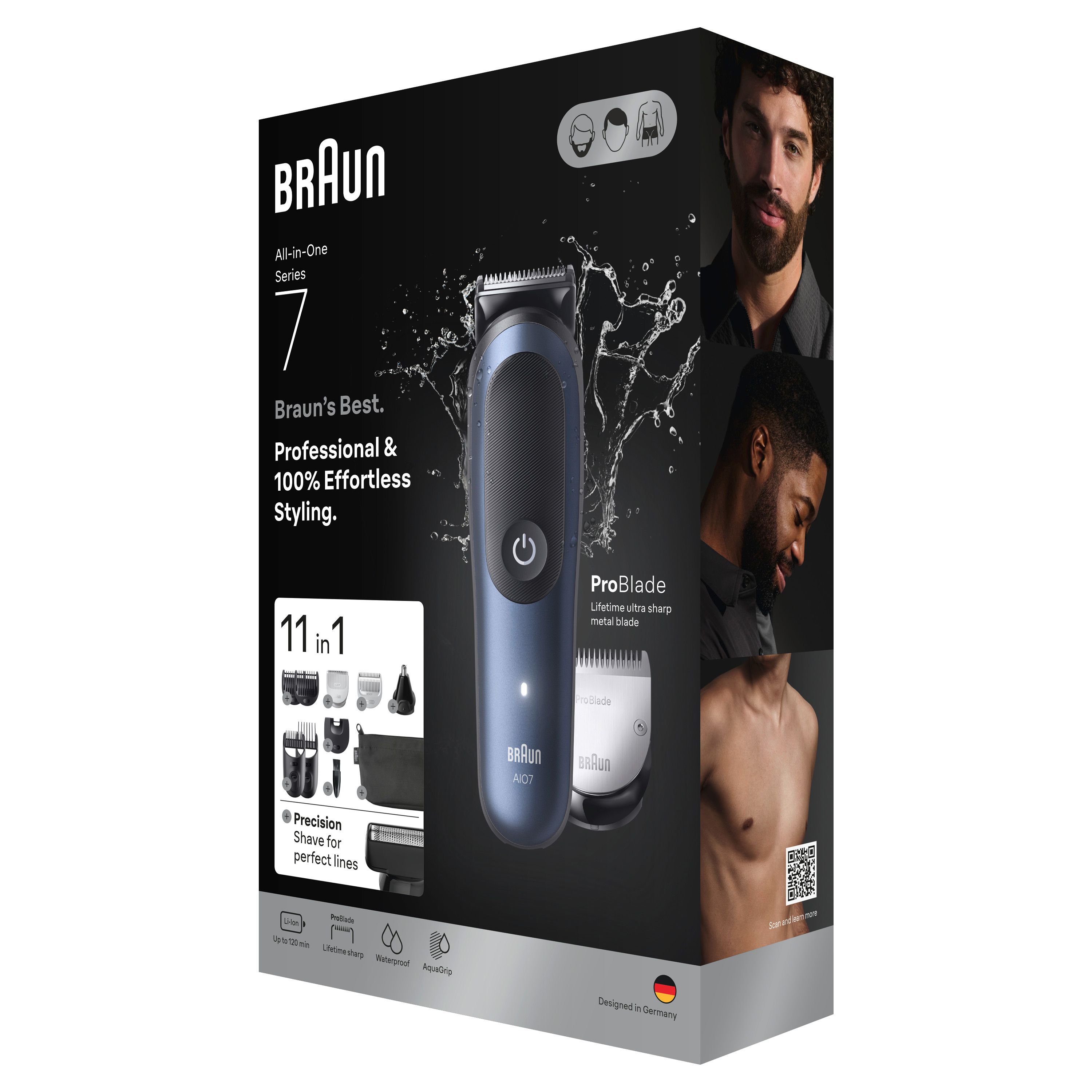 Braun Series 7 AIO7540. Verpackung mit Trimmer, Zubehör und Models. Text: Braun's Best. 11 in 1.