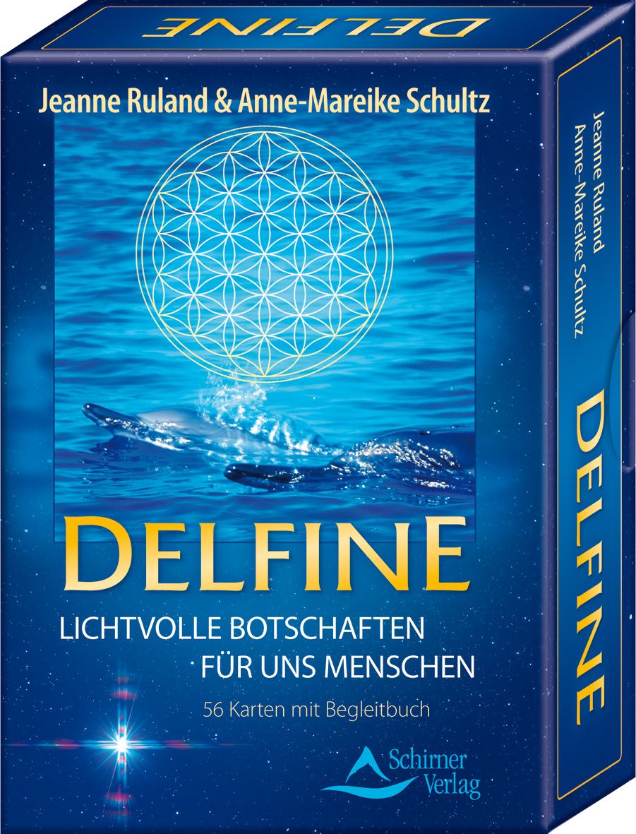 Kartenbox "Delfine". Titel und Autorennamen. 56 Karten mit Begleitbuch. Schirner Verlag Logo. Delfin-Illustration.
