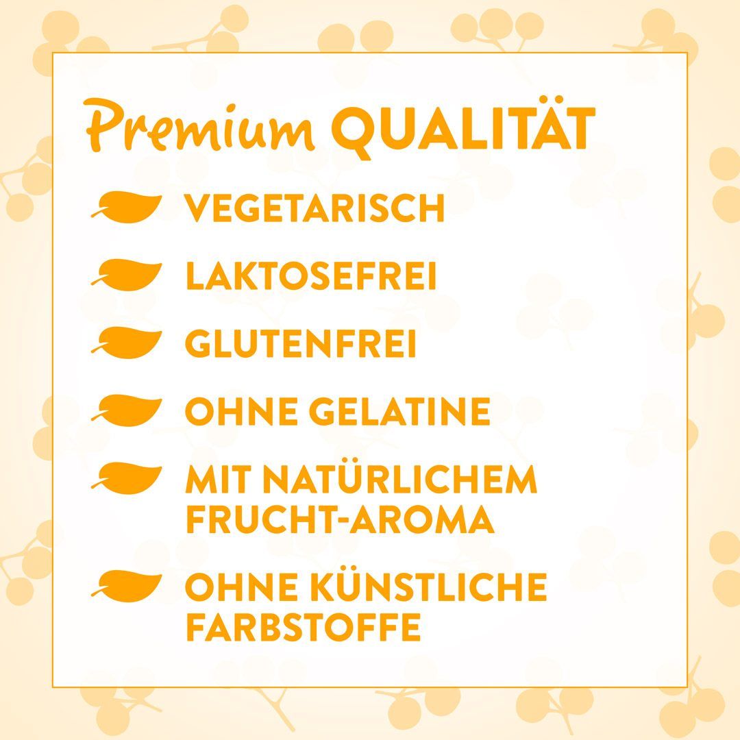 Gelber Hintergrund mit Text: 'Premium QUALITÄT'. Aufzählungspunkte: vegetarisch, laktosefrei, glutenfrei, ohne Gelatine, natürliches Aroma, ohne Farbstoffe.