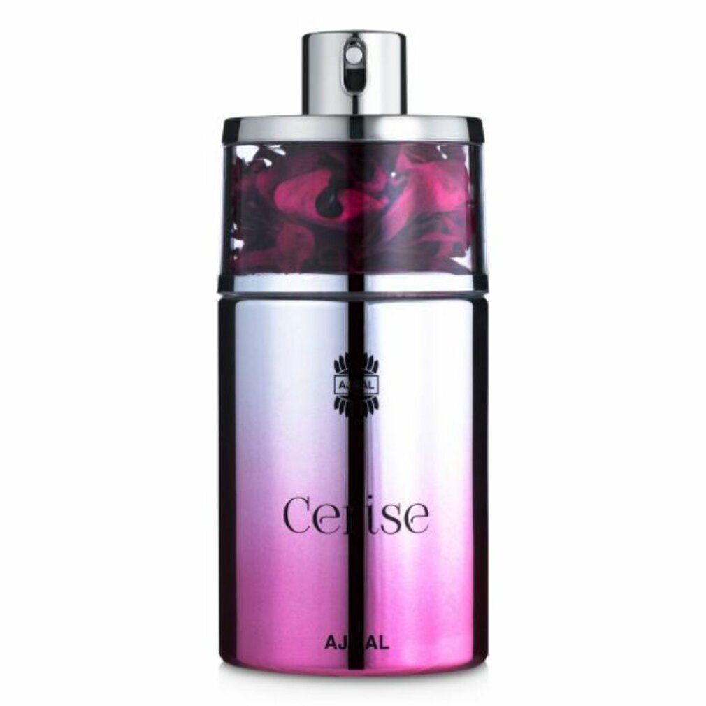 Parfümflakon mit silberner Kappe und rosa Farbverlauf. Der obere Teil enthält Blütenblätter. Aufschrift: Cerise, Ajmal.