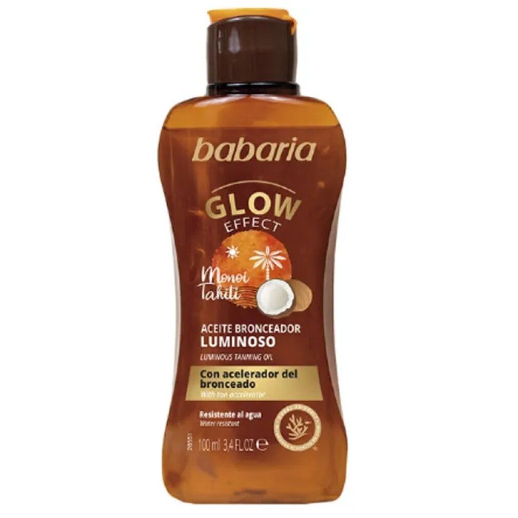 Braunes Babaria Tanning Oil Gel mit Glow Effect. Aufschrift: Monoi Tahiti, Aceite Bronceador Luminoso. Wasserfest. 100 ml.