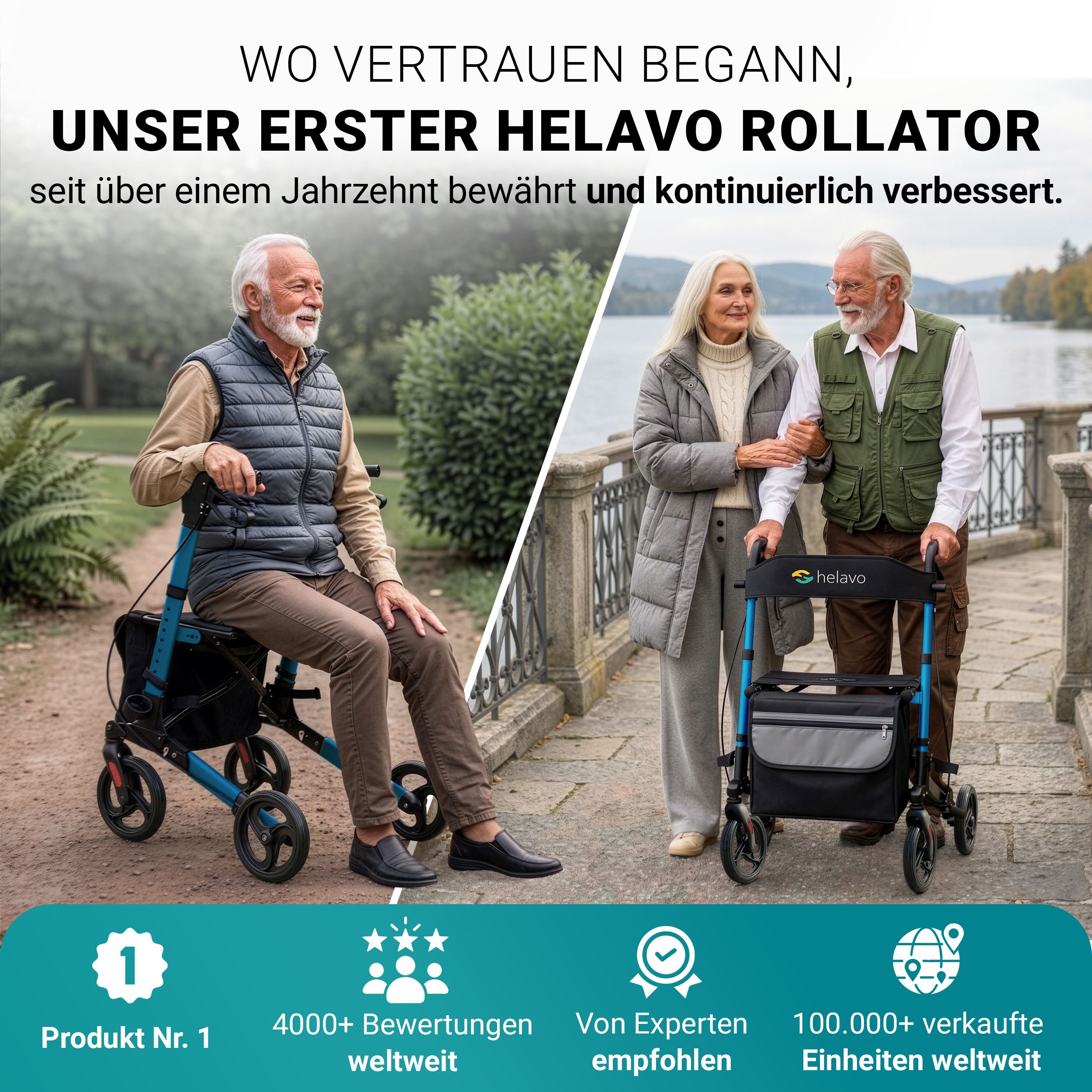 Helavo Aluminium Rollator faltbar mit Sitzfläche und Reisetasche leicht 8,3kg