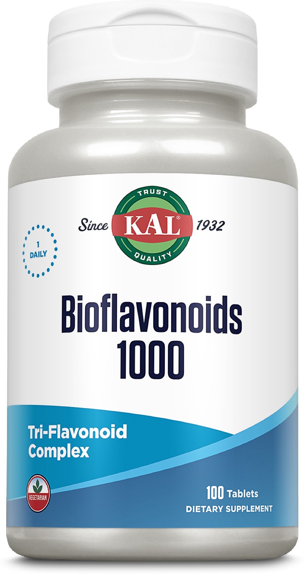 KAL Bioflavonoids 1000: Flaschenetikett mit "Tri-Flavonoid Complex" und 100 vegetarischen Tabletten.