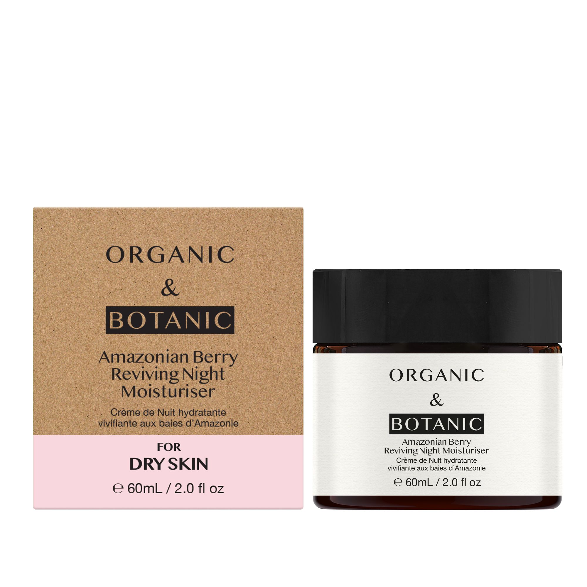 Creme-Tiegel und Verpackung. Aufschrift: Organic & Botanic, Amazonian Berry Reviving Night Moisturiser. Für trockene Haut. 60ml/2.0 fl oz.