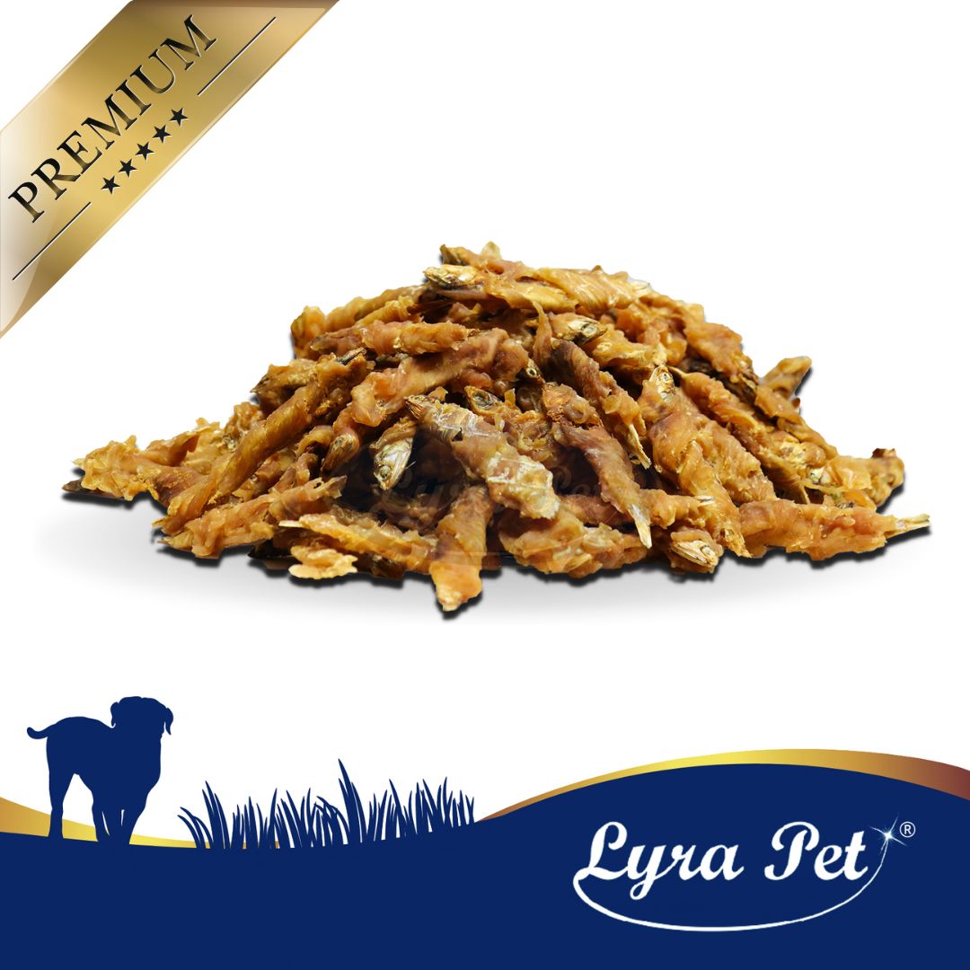 Haufen von Lyra Pet® Hühner Wrap mit Fisch. Goldfarbenes "Premium" Banner. Lyra Pet Logo und Hunde-Silhouette.