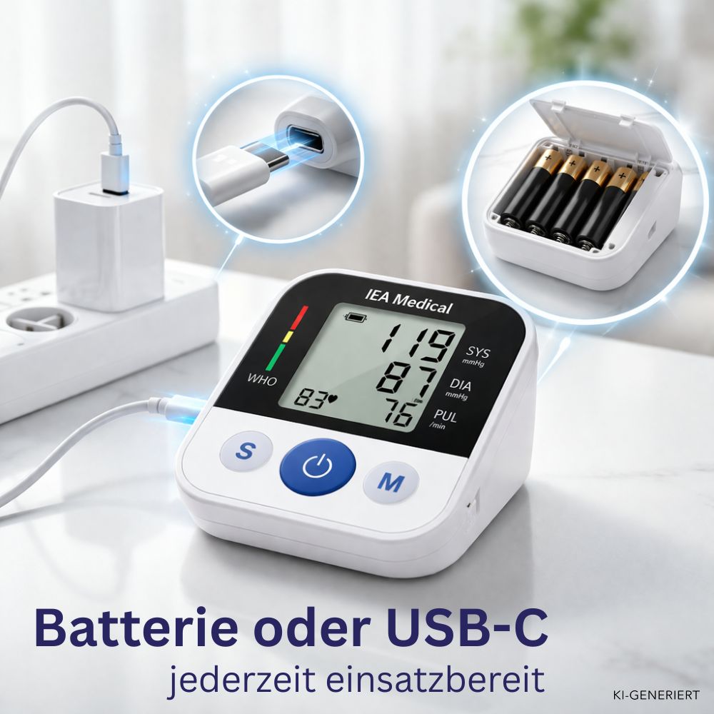 IEA Medical Blutdruckmessgerät mit Ladeoptionen: USB-C-Anschluss und Batteriefach.