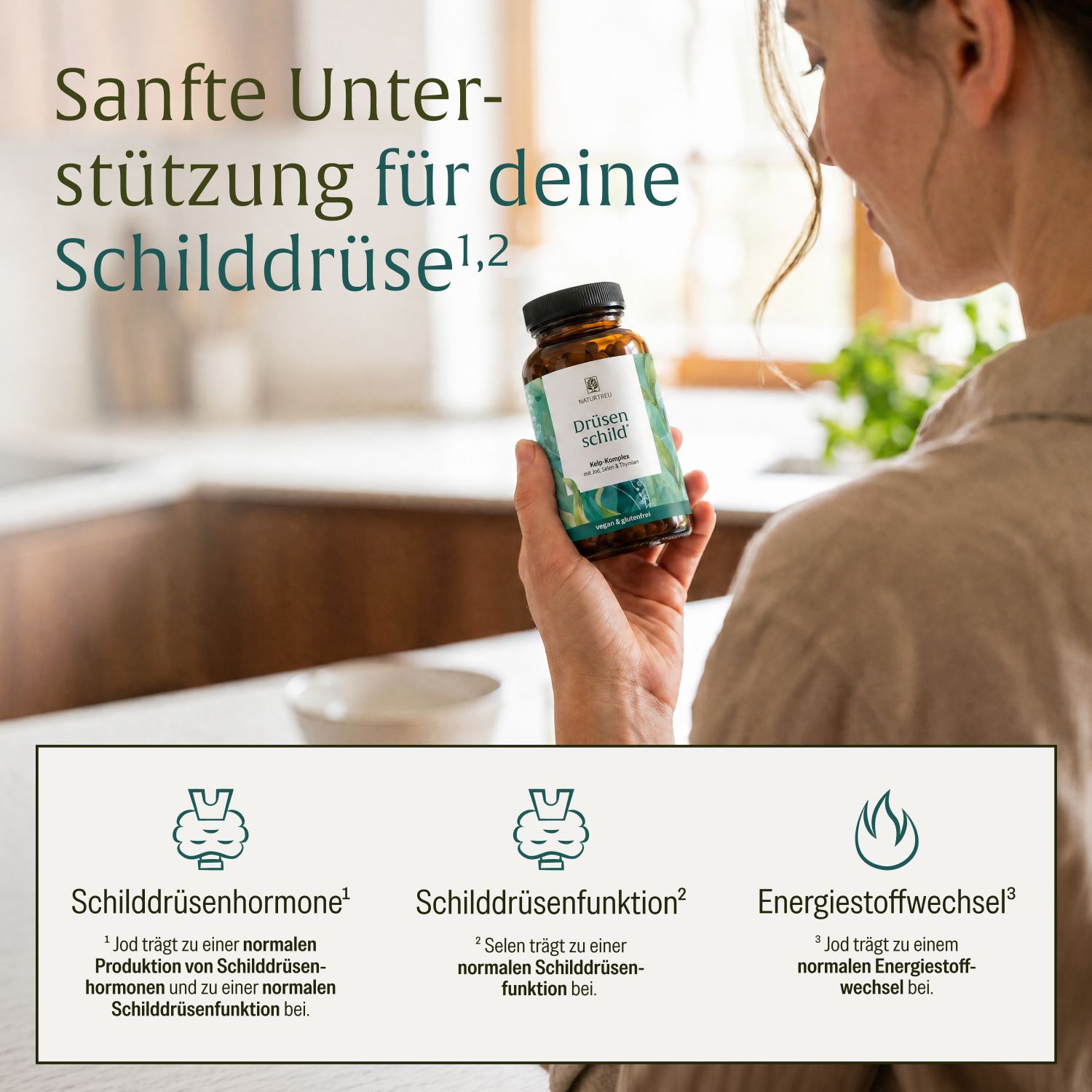 Frau hält NATURTREU® Drüsenschild Flasche. Icons zeigen Schilddrüsenfunktion und Energiestoffwechsel.