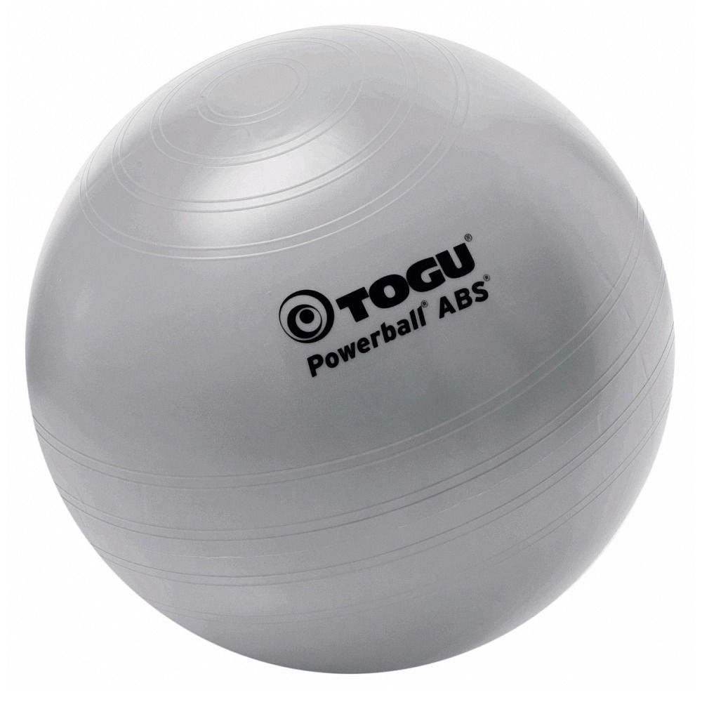 Grauer Gymnastikball mit dem Logo von Togu und der Aufschrift Powerball ABS. Der Ball hat umlaufende Rillen.