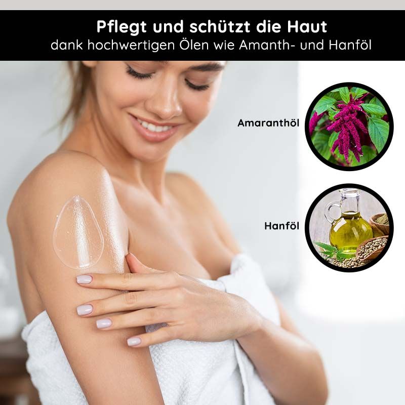 Frau trägt Öl auf. Text: Pflegt und schützt die Haut. Abbildungen von Amaranthöl und Hanföl.