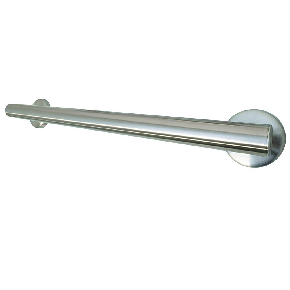 Haltegriff aus Metall. Zylindrische Form mit runden Befestigungen. Silberfarbenes Finish. Für den Gebrauch im Badezimmer.