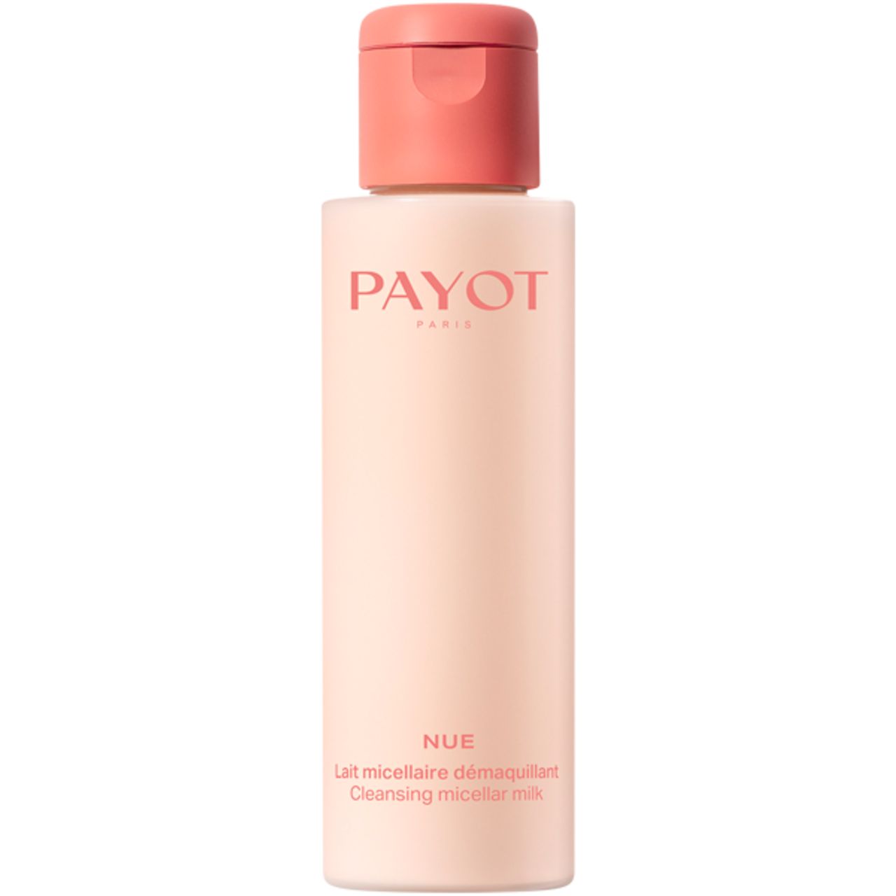 Payot Nue Lait Micellaire Démaquillant. Flasche mit rosa Deckel und Schriftzug. Produktname und Marke deutlich sichtbar.