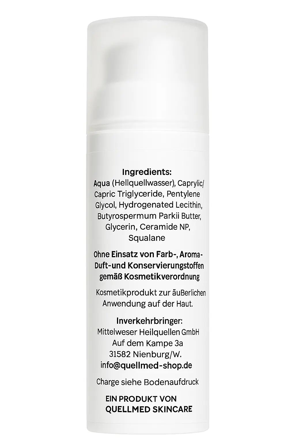 Rückseite einer Creme-Flasche. Zutatenliste und Kontaktinformationen. Text: Quellmed Skincare, hergestellt von Quellmed Heilquellen GmbH.