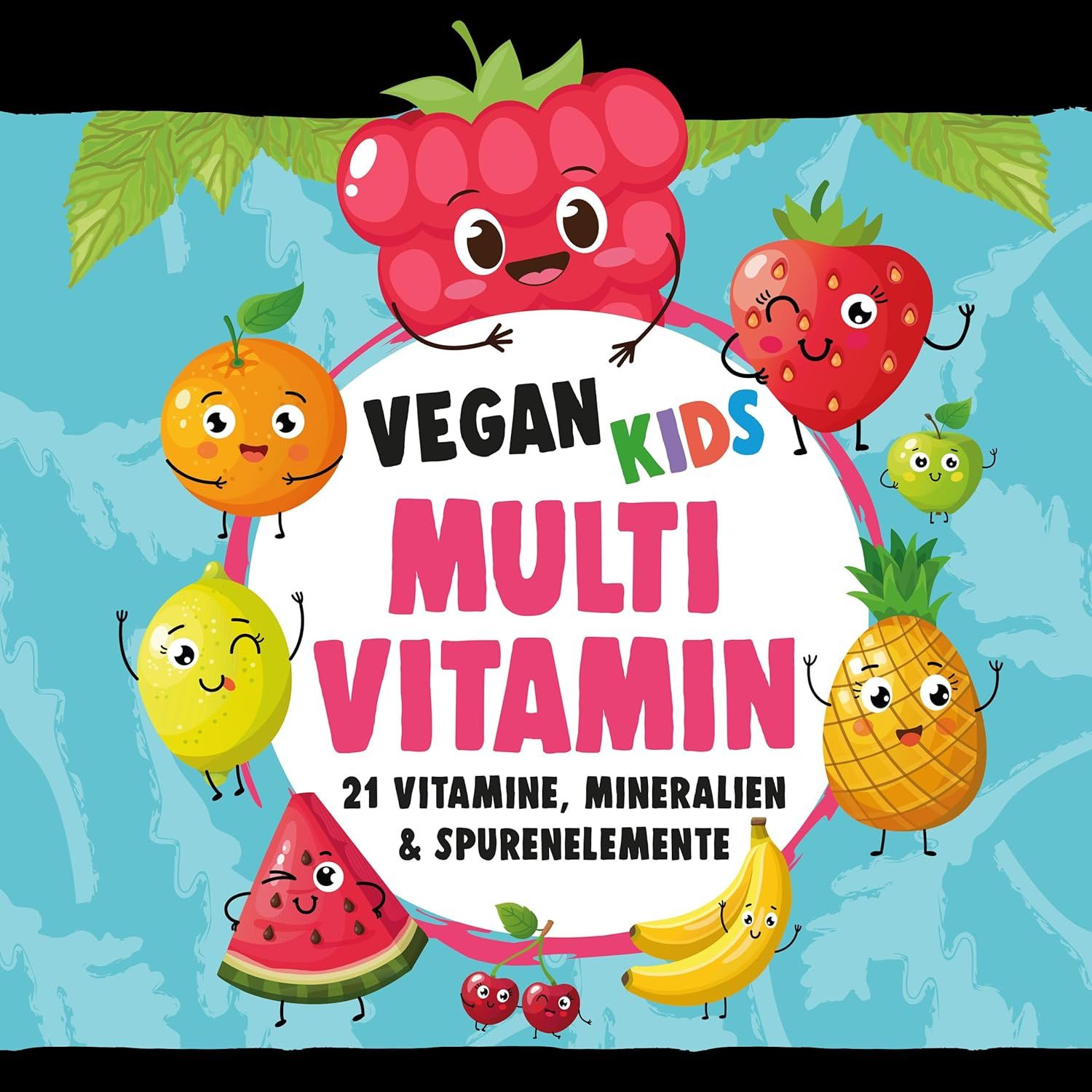 Vegan Kids Multivitamin: 21 Vitamine, Mineralien & Spurenelemente. Bunte Früchte umrahmen den Text.