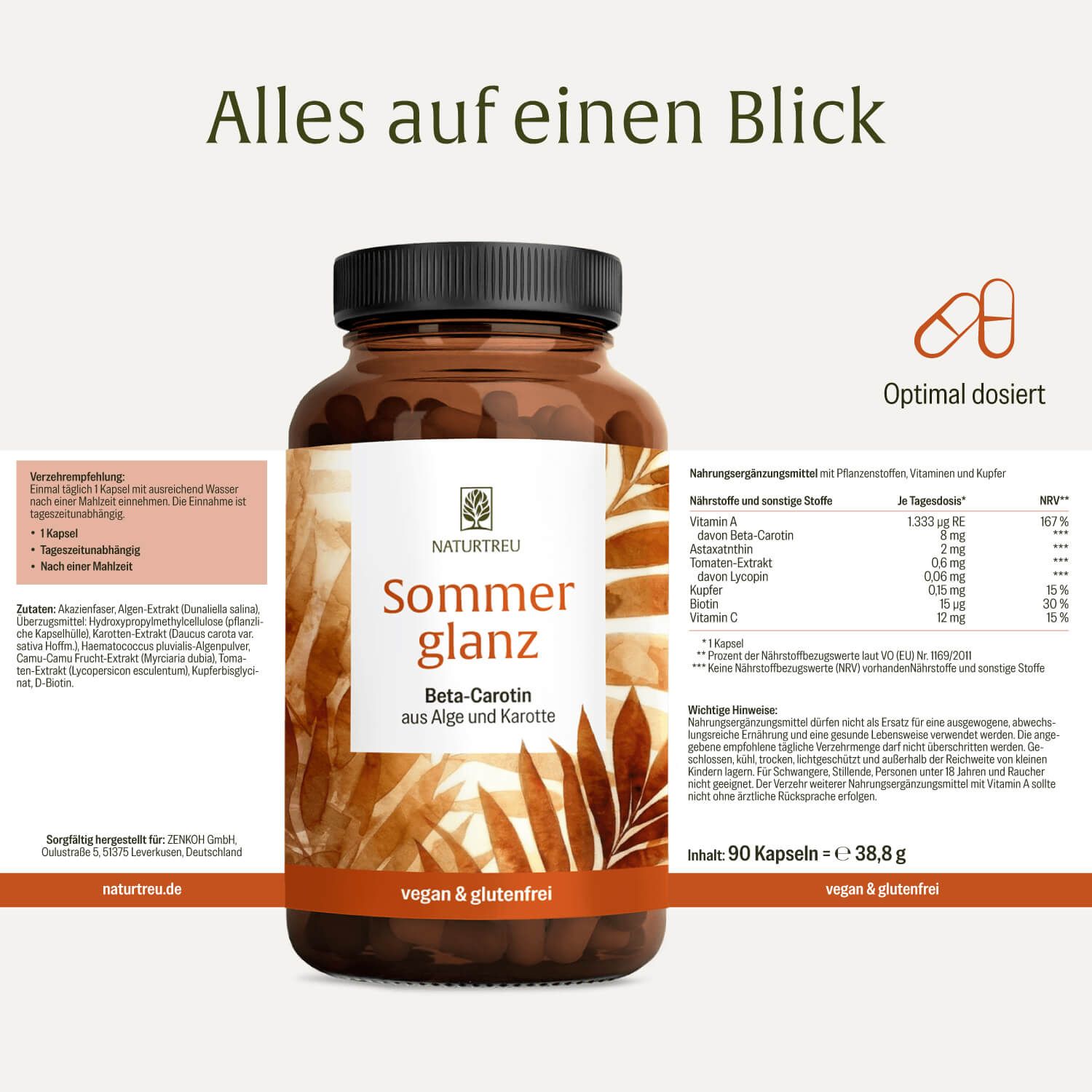 NATURTREU Sommerglanz Dose mit detaillierten Produktinformationen und Nährwertangaben auf Deutsch.