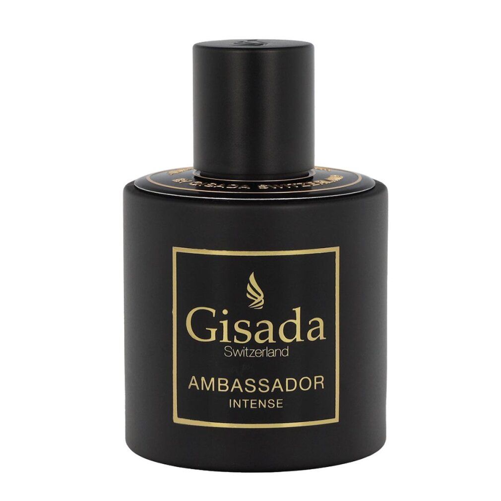 Gisada Ambassador Intense Eau de Parfum Flakon in Schwarz mit goldenem Etikett.