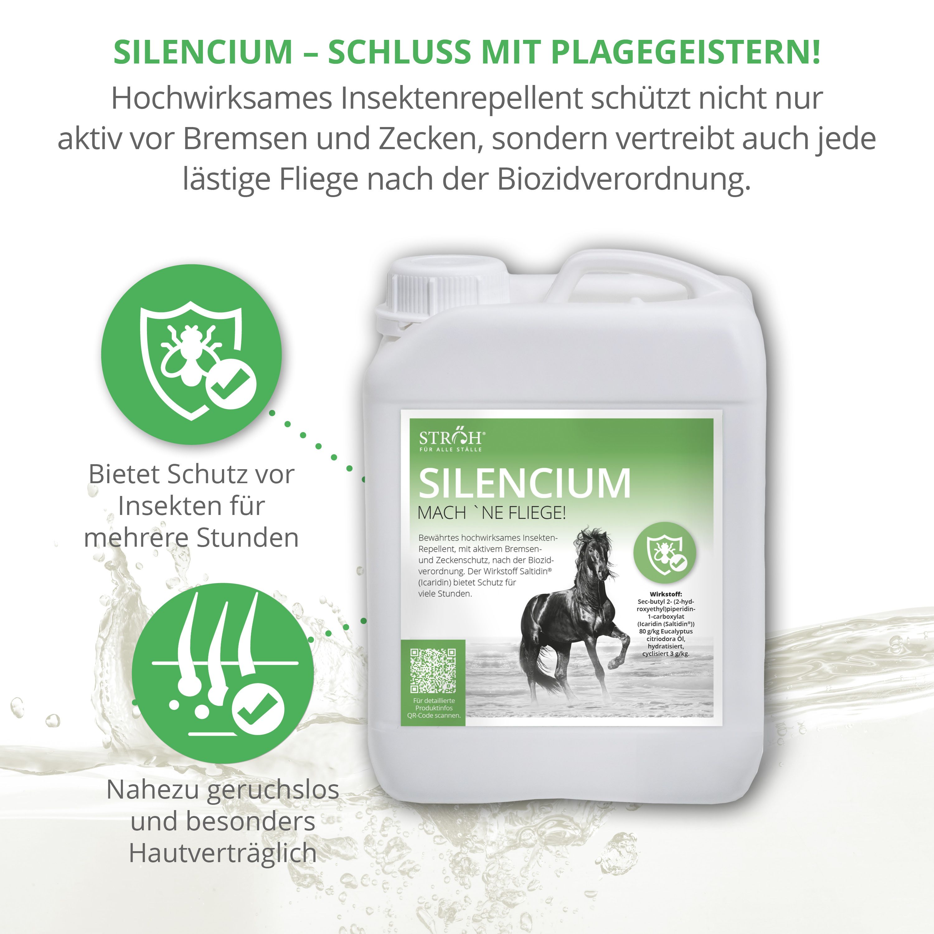 Weißer Kanister mit Produktetikett SILENCIUM, Pferd-Illustration. Text: Insektenrepellent, Schutz vor Bremsen und Zecken.