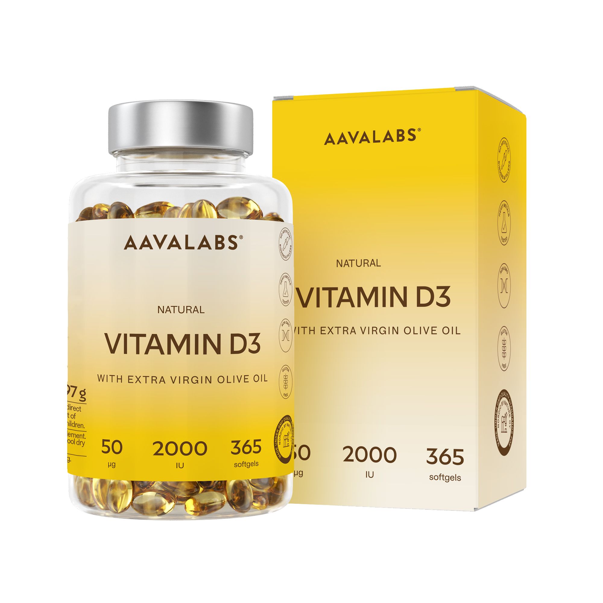Flasche und Karton mit Vitamin D3 Softgels, 2000 IE, 365 Stück.