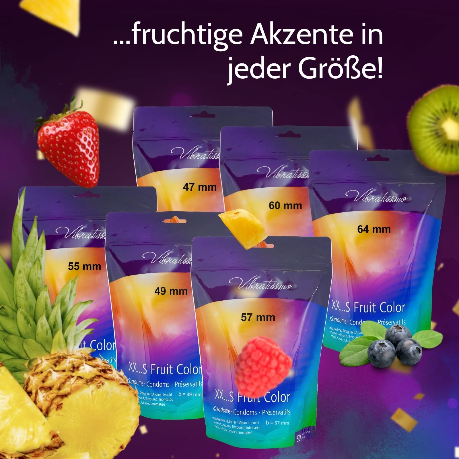 Verpackungen mit Kondomen in verschiedenen Größen (47-64 mm) und bunten Früchtemotiven. Mit Erdbeere, Kiwi, Ananas, Himbeere.