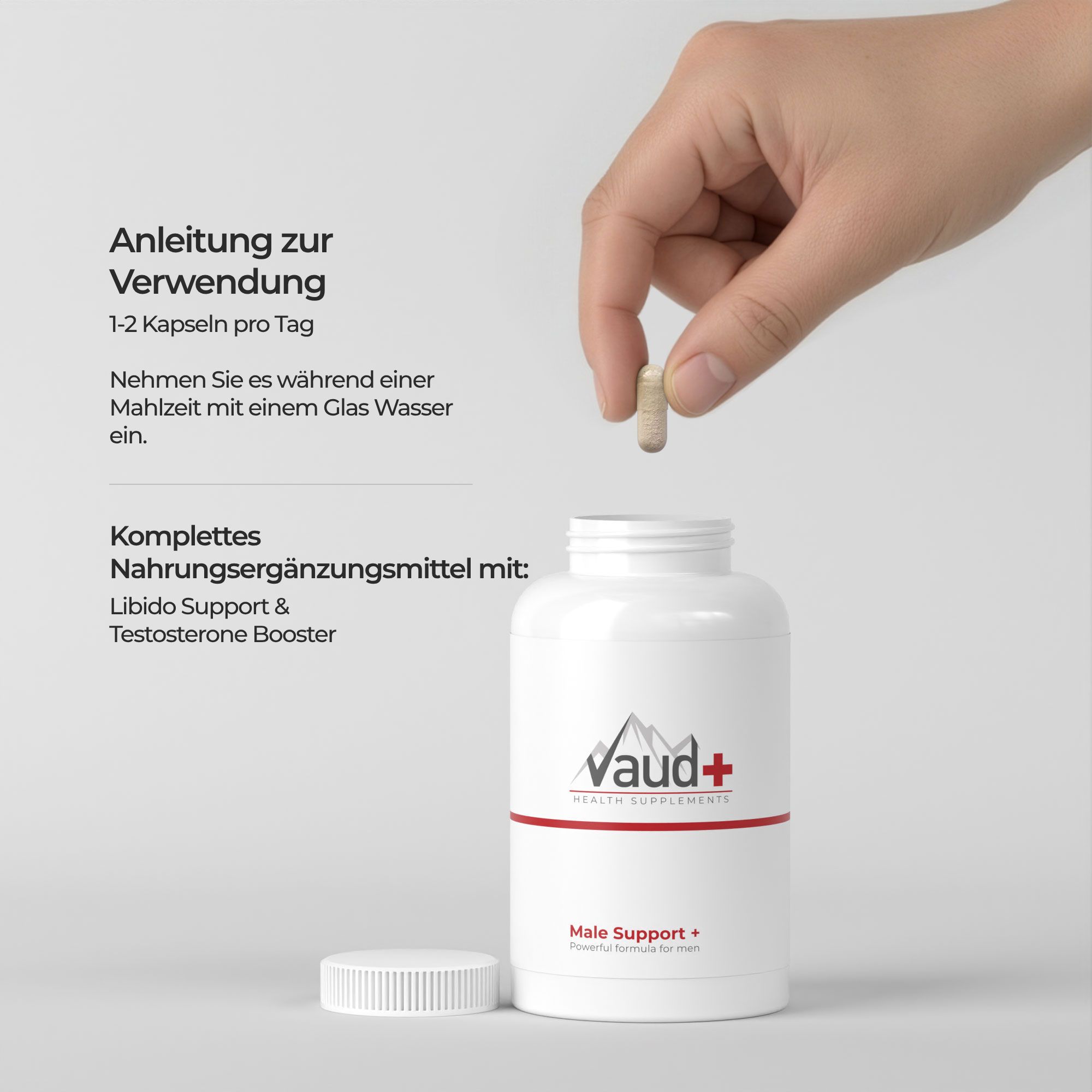 Anleitung zur Verwendung. Text: 1-2 Kapseln pro Tag. Flasche mit Kapseln.