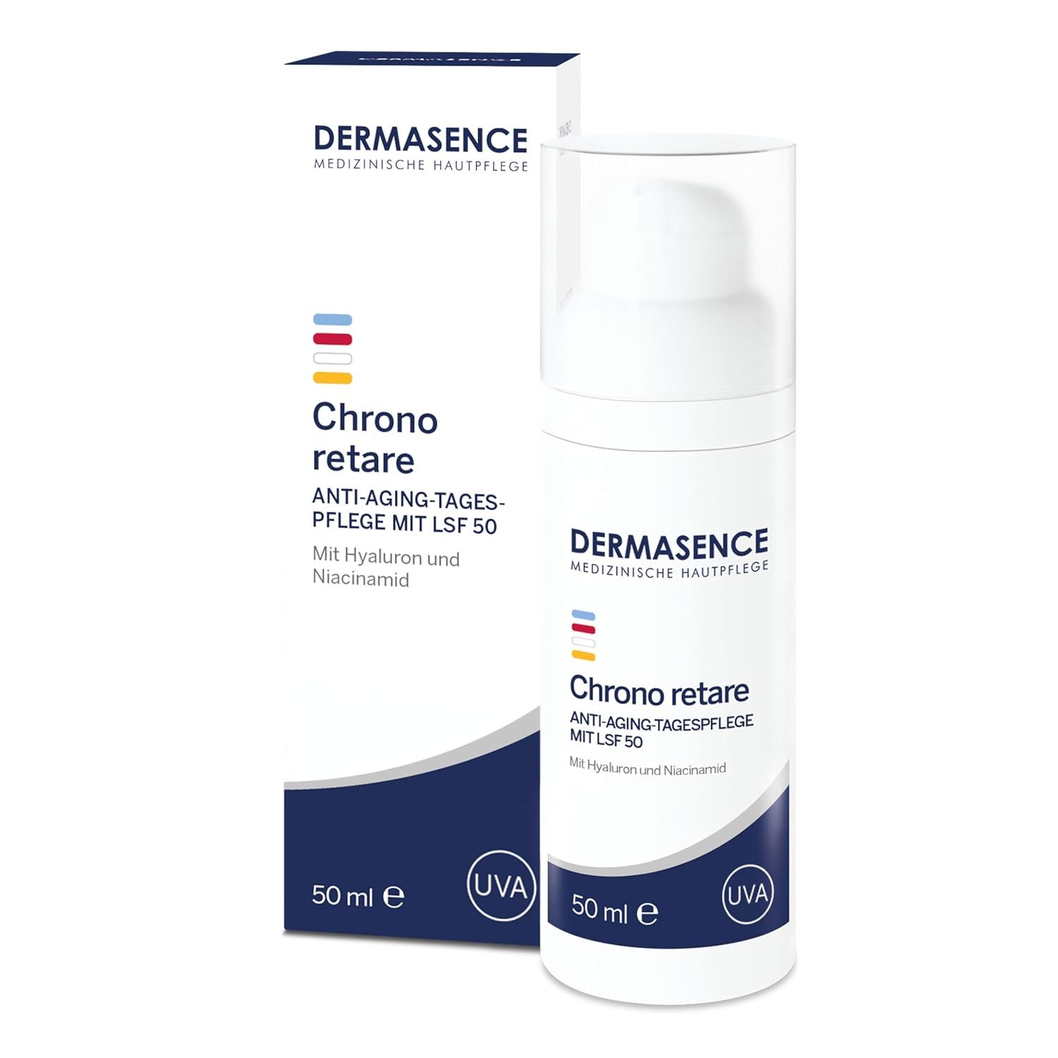 Verpackung und Flasche DERMASENCE Chrono retare. Text: Anti-Aging-Tagespflege, LSF 50. Mit Hyaluron und Niacinamid. 50 ml.