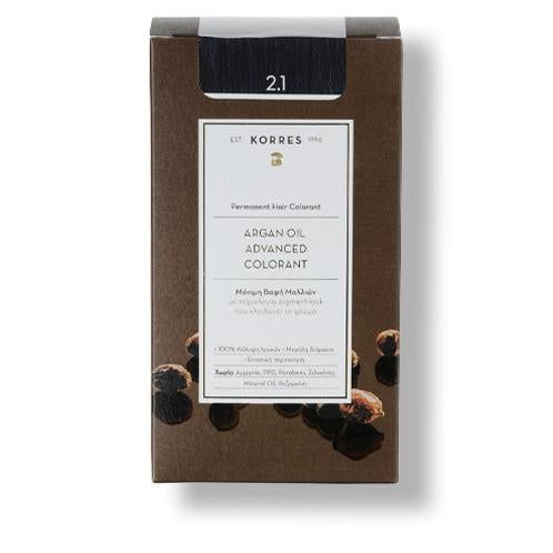 Karton mit Produktinformationen. Oben Farbprobe Blau-Schwarz 2.1. Aufschrift: KORRES, Arganöl, Advanced Colorant.