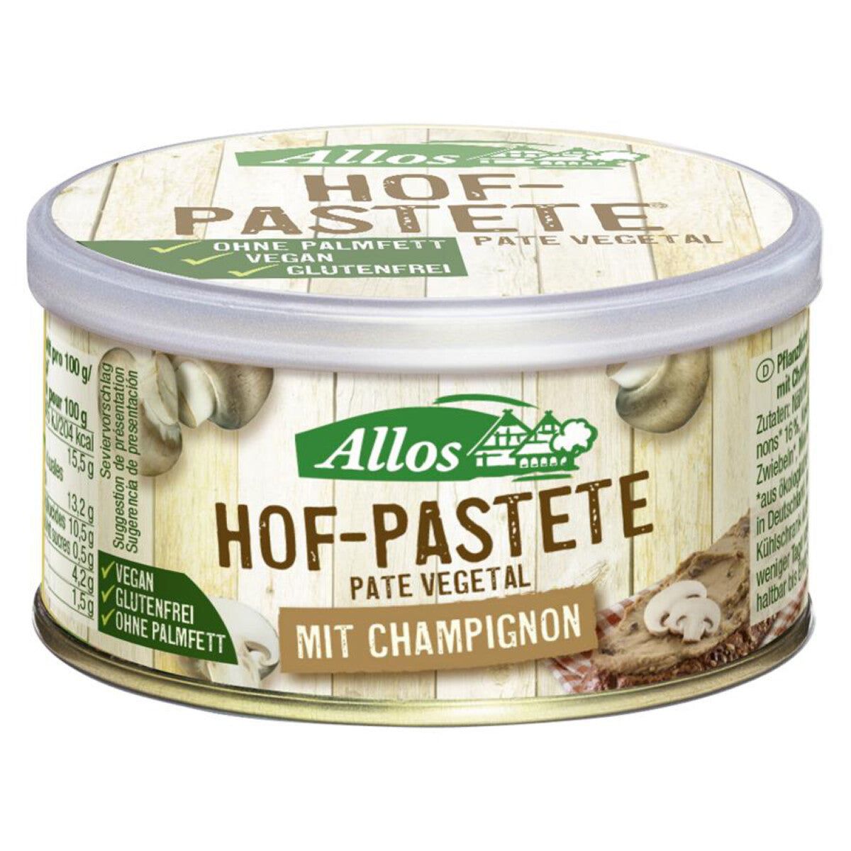 Runde Dose mit Aufschrift "Hof-Pastete" und "Mit Champignon". Vegan, glutenfrei, ohne Palmöl. Marke Allos.