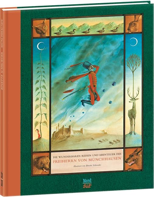 Buch mit grünem Einband. Titel: Die wunderbaren Reisen und Abenteuer des Freiherrn von Münchhausen. Illustrationen. Verlag NordSüd.