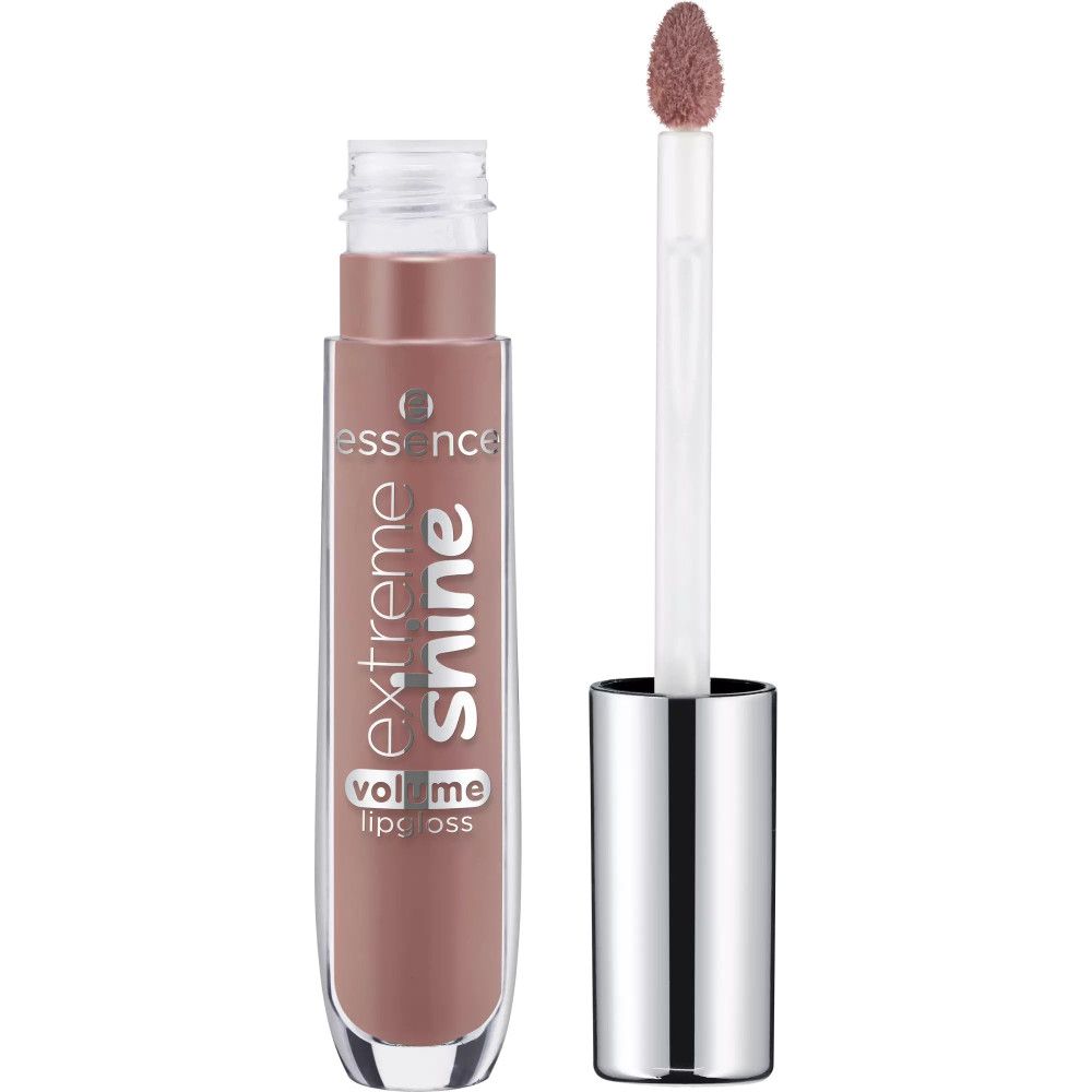 Lipgloss-Flakon mit Applikator. Durchsichtiger Behälter, silberner Deckel. Aufschrift: Extreme Shine, Volume Lipgloss. Farbe: Nude.