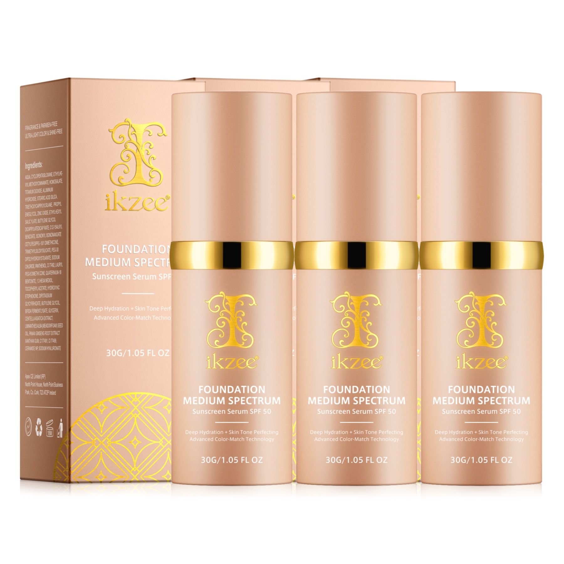 Drei Flaschen Foundation mit UV-Schutz, in einer Verpackung. Auf jeder Flasche steht "Foundation Medium Spectrum SPF 50".