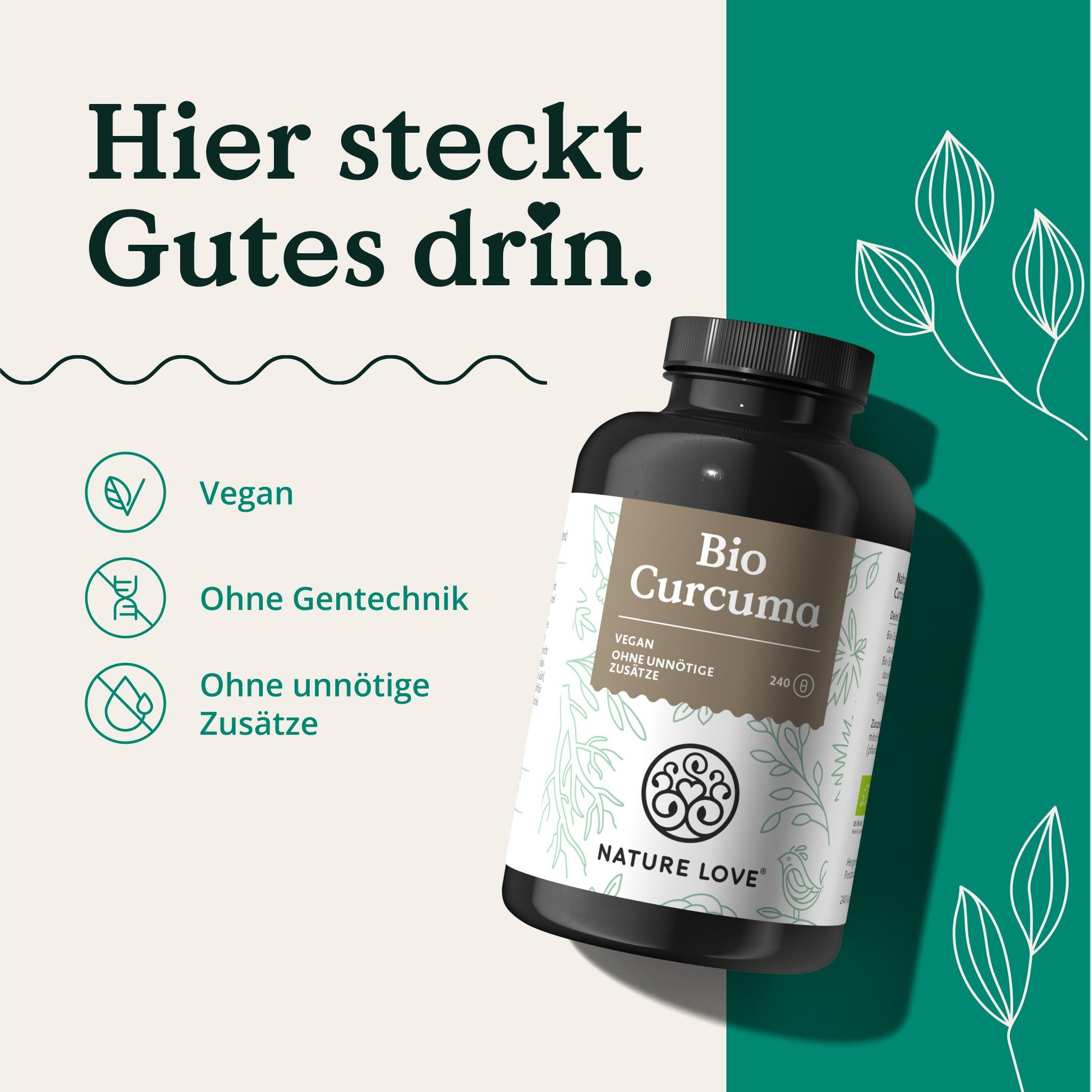 Braune Flasche mit schwarzem Deckel. Aufschrift: Bio Curcuma, vegan, ohne Gentechnik, ohne unnötige Zusätze. Logo: NATURE LOVE®.